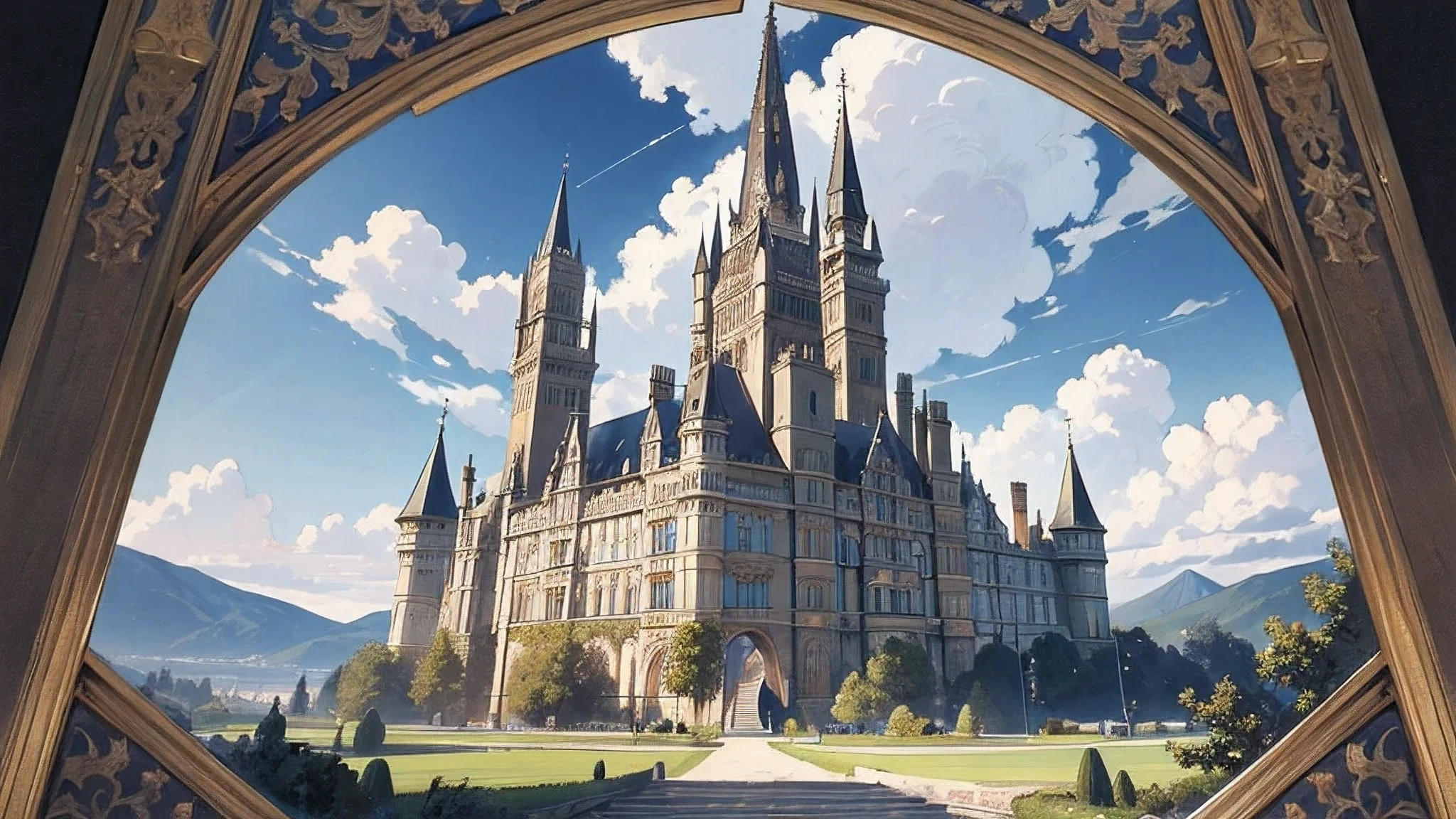 ((without people)) ((nobody)) Vintage Victorian style, Precise vintage encyclopedia (best quality:1.2), (detailed:1.2), (masterpiece:1.2), vintage illustrations of a medieval european castle on a mountain, clue sky white clouds
