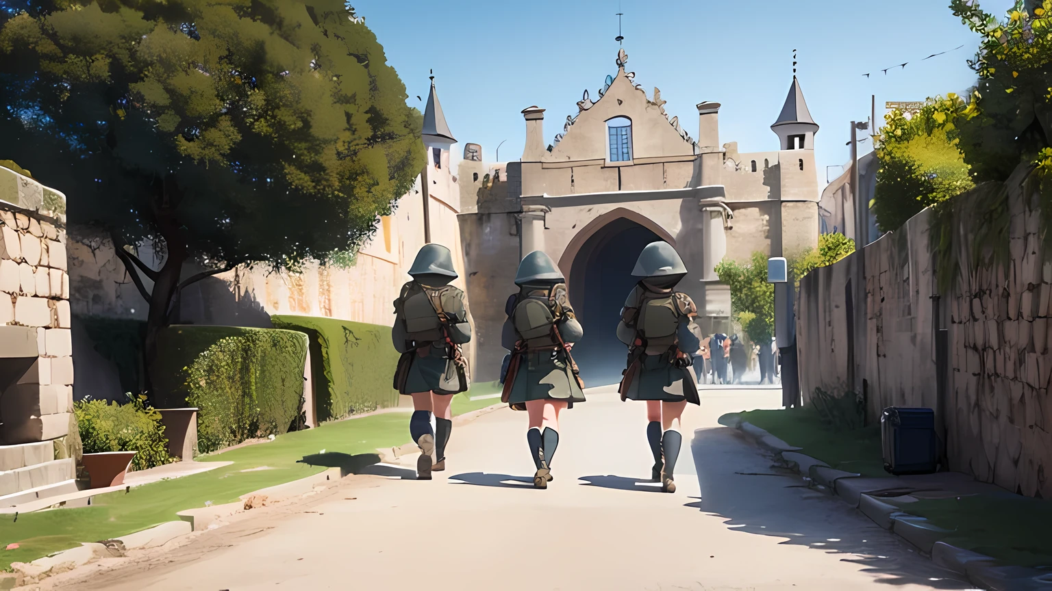 some soldiers, castelo medieval, dia lindo, claro, foto realista, 8k, alta qualidade, Film style, lentes de cinema