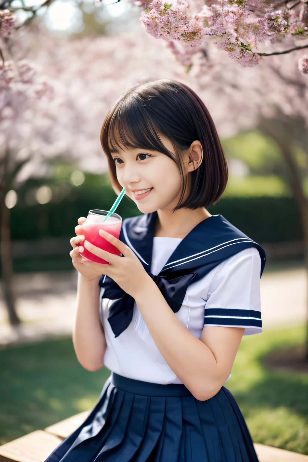 masterpiece, Best Quality, 8K, 1 girl, (************), Teen ager, Raw photo, gleefully address the audience, Solo, (A super cute idol-like face:1.2), Delicate girl, Black hair, middle bob hair, straight hair, bangs, Looking at Viewer, Candid, Sophisticated, Professional Lighting, Film grain,  (Eyes and faces with detailed:1.0), (Bokeh:1.1) , whole body, beautiful figure, The background is a beautiful spring landscape , (White shirt, sailor school uniform, navy pleated skirt:1.2), tiny chest, Cherry Blossom, Sitting on the bench, (drink juice:1.3),