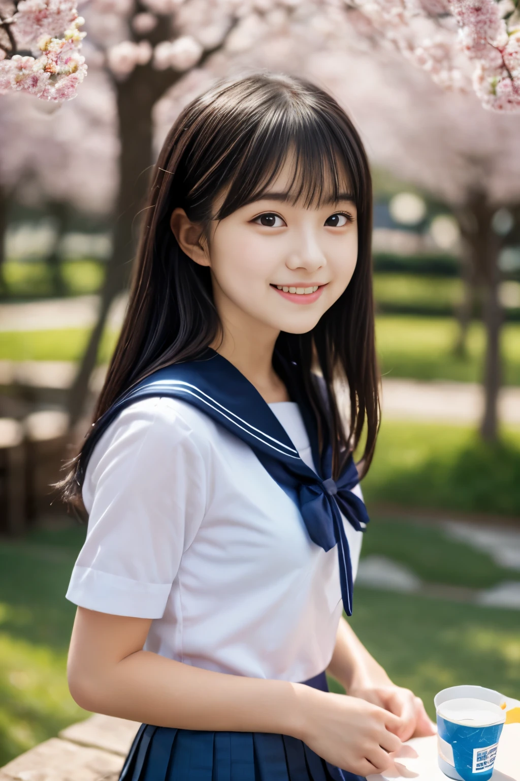 masterpiece, Best Quality, 8K, 1 girl, (17 years old), Teen ager, Raw photo, gleefully address the audience, Solo, (A super cute idol-like face:1.2), Delicate girl, Black hair, middle bob hair, straight hair, bangs, Looking at Viewer, Candid, Sophisticated, Professional Lighting, Film grain,  (Eyes and faces with detailed:1.0), (Bokeh:1.1) , whole body, beautiful figure, The background is a beautiful spring landscape , (White shirt, sailor school uniform, navy pleated skirt:1.2), tiny chest, Cherry Blossom, Sitting on the bench, (drink juice:1.3),
