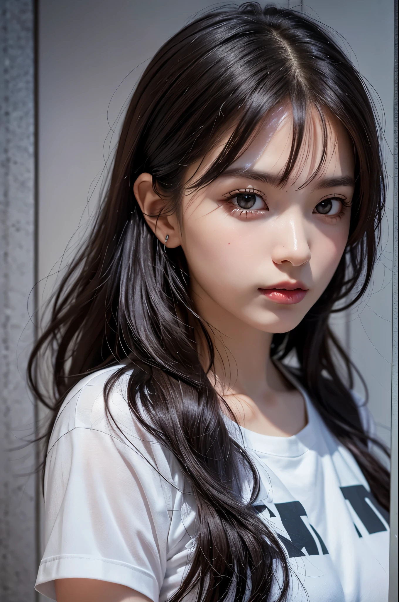 best quality, masterpiece, ultra high resolution, (lifelike:1.37), original photo, 1 girl, long hair, beautiful eyes, beautiful face, Detailed eyes and face, t-shirt, dynamic lighting, in the darkness, deep shadow, low profile, cowboy shooting