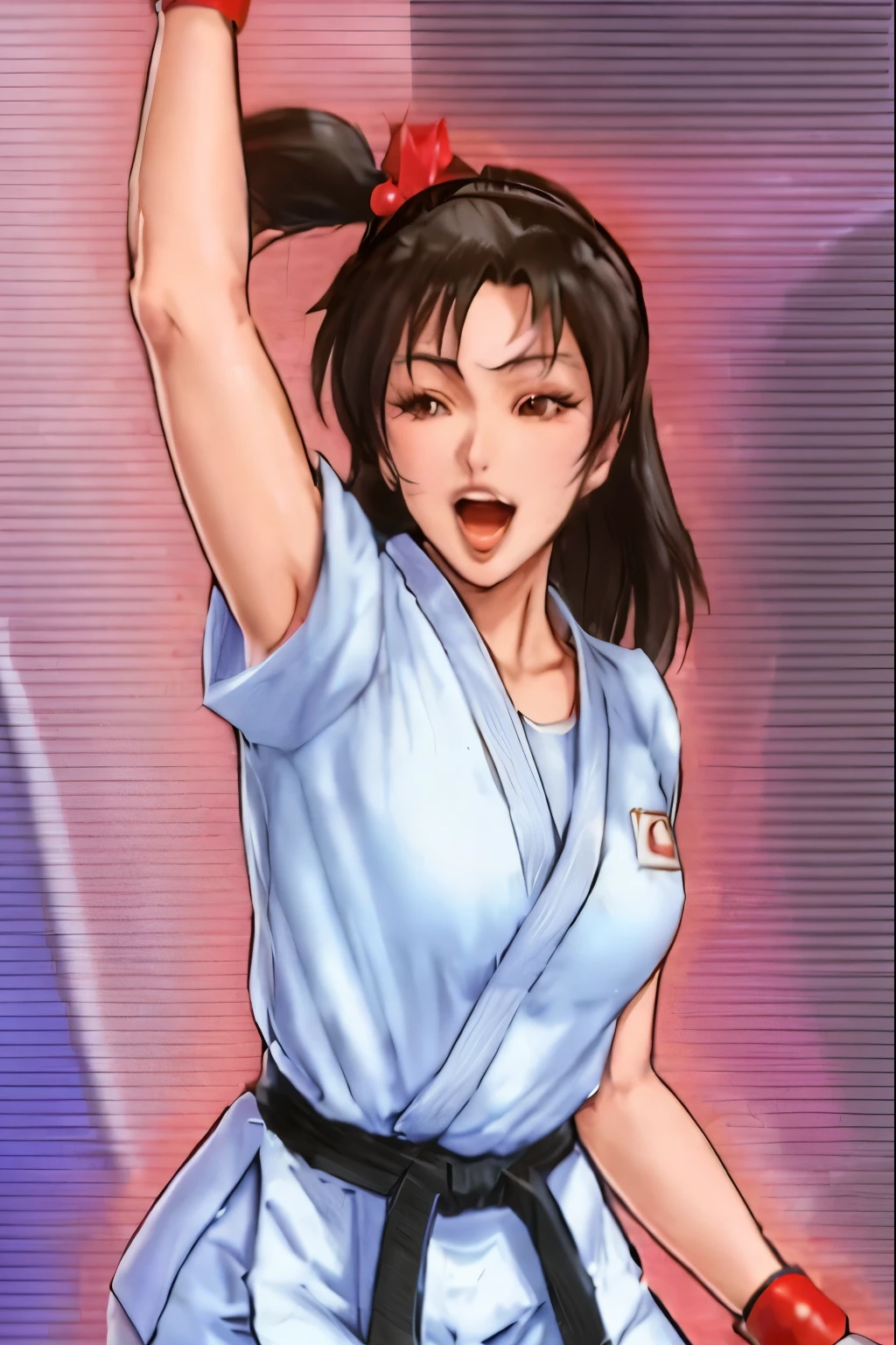 a close up of a cartoon of a woman in a karate outfit, mai shiranui, misato katsuragi, inspired by Tsubasa Nakai, as a character in tekken, kasumi arimura style 3/4, inspired by Baiōken Eishun, portrait of chun - li, portrait of chun li, juri misaki