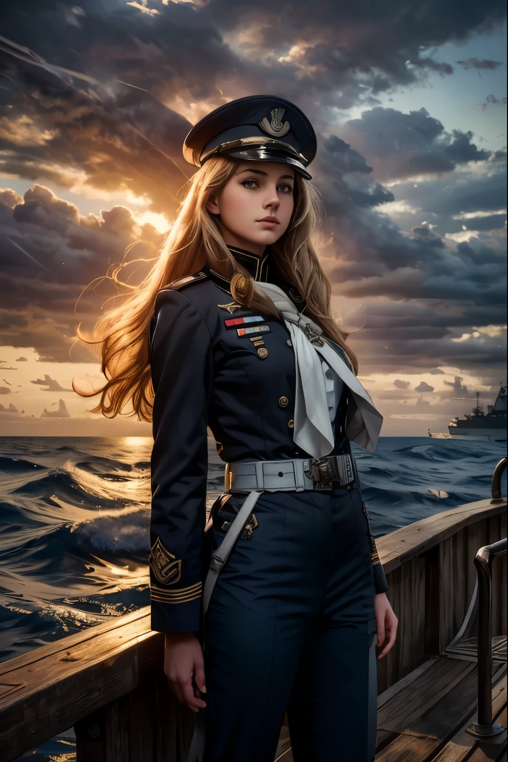 Arafed woman in military uniform stands on deck near the ocean, wear dark nautical clothing, Alexander Kucharsky, female sailor uniforms, Karol Buck, contract, Photo by Alexei Gurilev:, by Aleksandr Gerasimov, CGsociety inspired, girl with warship parts, Pilot Girl, In the style of Aivazovsky, cgsociety high definition