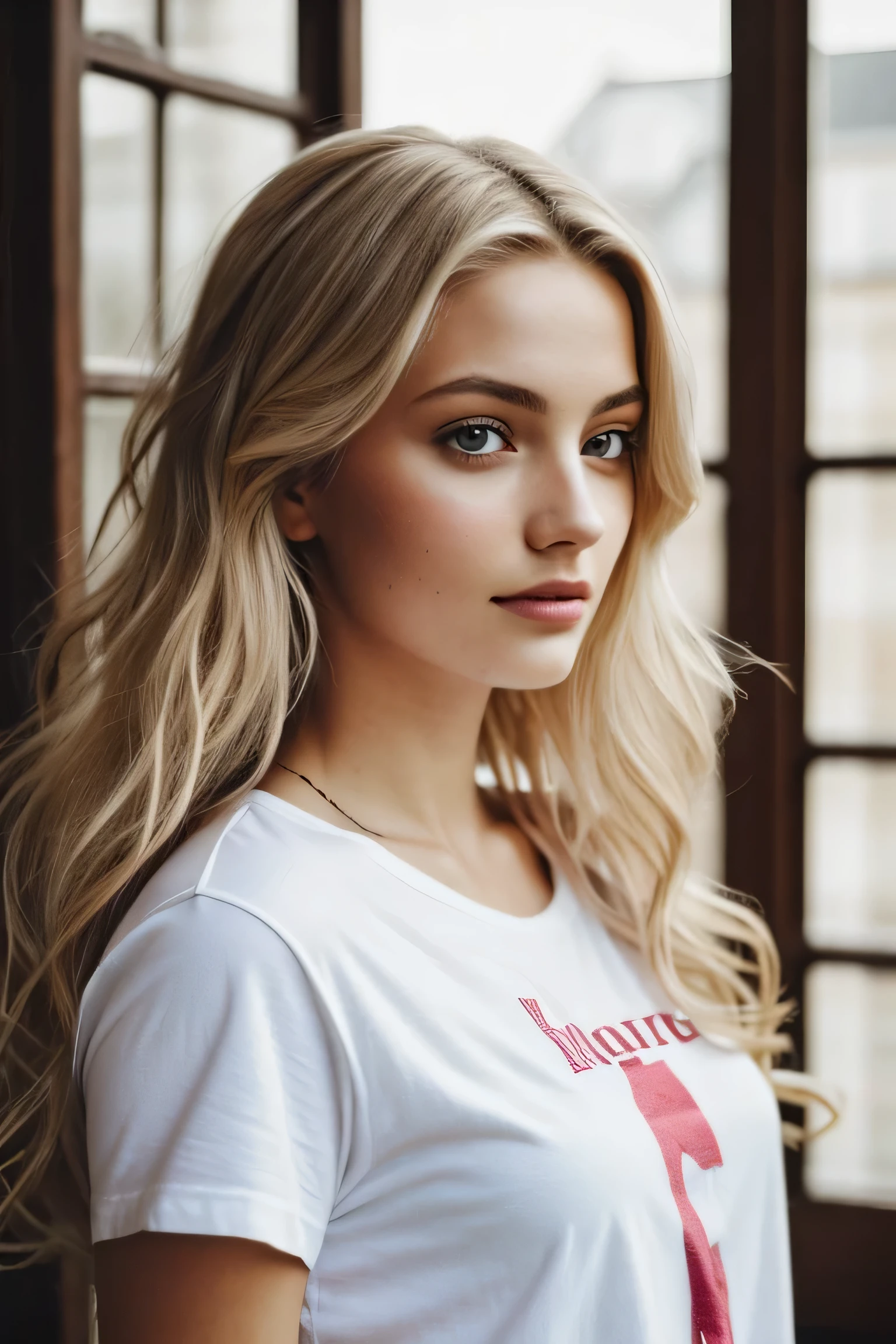 1 fille dans, 19 ans, seulement, De longs cheveux ondulés, , long messy windy cheveux blond, Ne regarde pas la caméra, Cela fait, cheveux blond, bijoux, tout le corps, (fond d'écran 8K extrêmement détaillé), Éclairage doux, Haute qualité, grain de film, Mise au point nette du Fujifilm XT3, F5.6, 50mm, détail élevé, acuité, (lumière naturelle), (Attractif), révélateur, réaliste, sexy, t-shirt rouge moulant, mains cachées, au parc