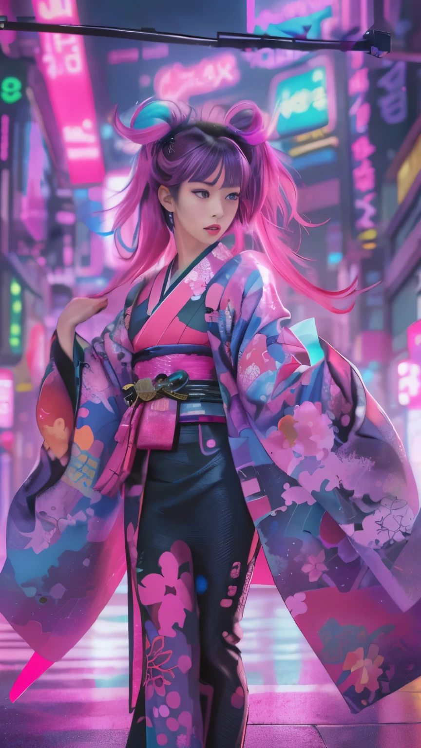 masterpiece, highest quality, Cyberpunk girls,wearing a Japanese kimono, The pink color stands out,Bold colors and patterns, eye-catching accessories, Trendy and innovative hairstyles, bright makeup, Cyberpunk dazzling cityscape, skyscraper, neon sign, led lights, Bright and vivid color scheme, anime, figure, fine skin texture, fine cloth texture, intricate details, Super detailed,low angle, full body, Distant view(looking away:1.4)