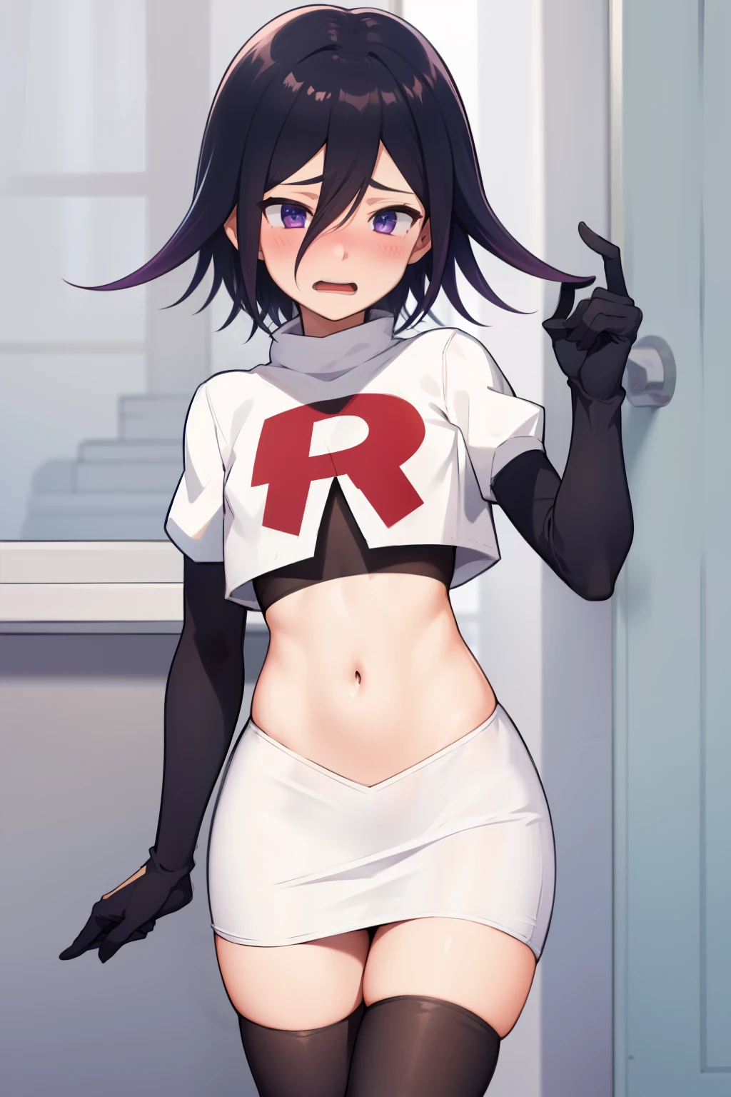absurdres, cowboy shot, solo, male focus, trap, 1boy, crossdressing,1boy, oma kokichi, team rocket,team rocket uniform,white skirt,red letter R,crop top,black thigh-highs,black elbow gloves, embarrassed, blush