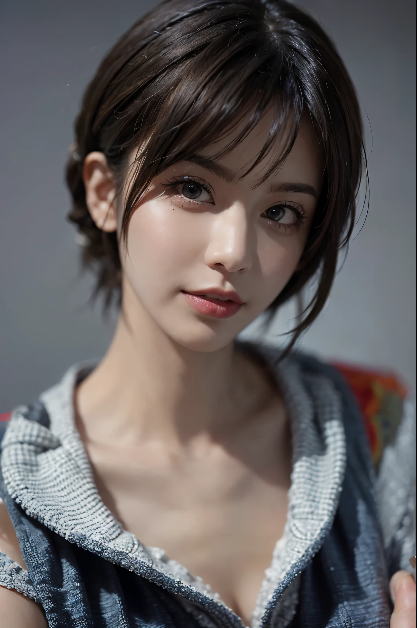 (masterpiece:1.3), (8k, lifelike, original photo, best quality: 1.4), (1 girl), pretty face, (realistic face), (black hair, short hair:1.3), beautiful hairstyle, realistic eyes, Beautiful and delicate eyes, (lifelike皮肤), beautiful skin, (sweater), ridiculous, attractive, ultra high resolution, Surreal, Very detailed, golden ratio