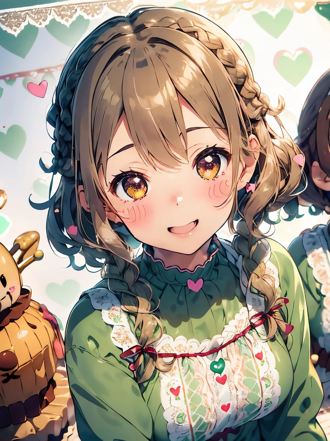 (light brown hair:1.2),(short hair with curls:1.3),(braided hair:1.45),(big ribbon:1.3),(Mint green and chocolate coated clothes:1.4),(long sleeve winter clothes:1.5),((Innerwear with lots of white lace:1.3)),((valley:1.3)),((tits)),,(eye size:1.5),((heart-shaped chocolate accessories:1.3)),((lovely design:1.4)),(lovely and fancy background:1.5),(Slightly blush),((focus on face:1.6)),break//((The overall atmosphere is like a lovely chocolate world.)),((Lively candy soldiers:1.5)),((Cute shy laugh:1.2)),((Active and cute pose:1.4)),((Angle from the front:1.3))