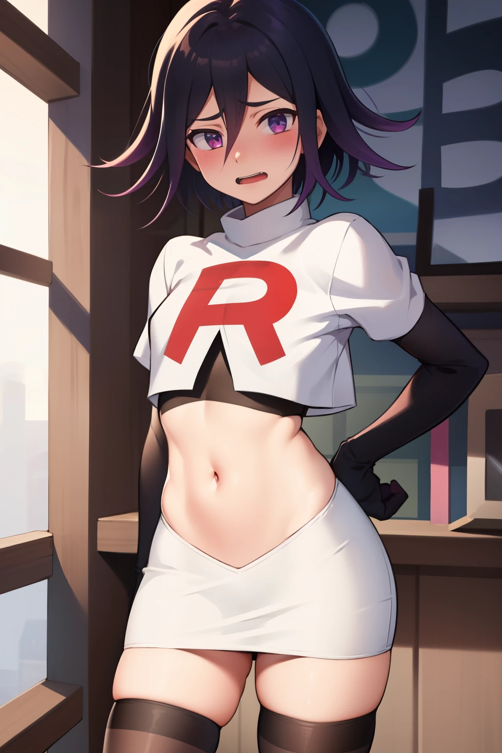 absurdres, cowboy shot, solo, male focus, trap, 1boy, crossdressing,1boy, oma kokichi, team rocket,team rocket uniform,white skirt,red letter R,crop top,black thigh-highs,black elbow gloves, embarrassed, blush