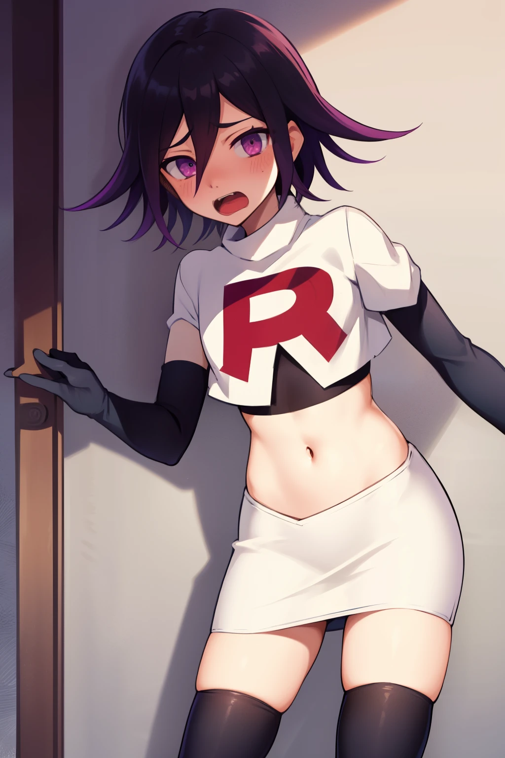 absurdres, cowboy shot, solo, male focus, trap, 1boy, crossdressing,1boy, oma kokichi, team rocket,team rocket uniform,white skirt,red letter R,crop top,black thigh-highs,black elbow gloves, embarrassed, blush