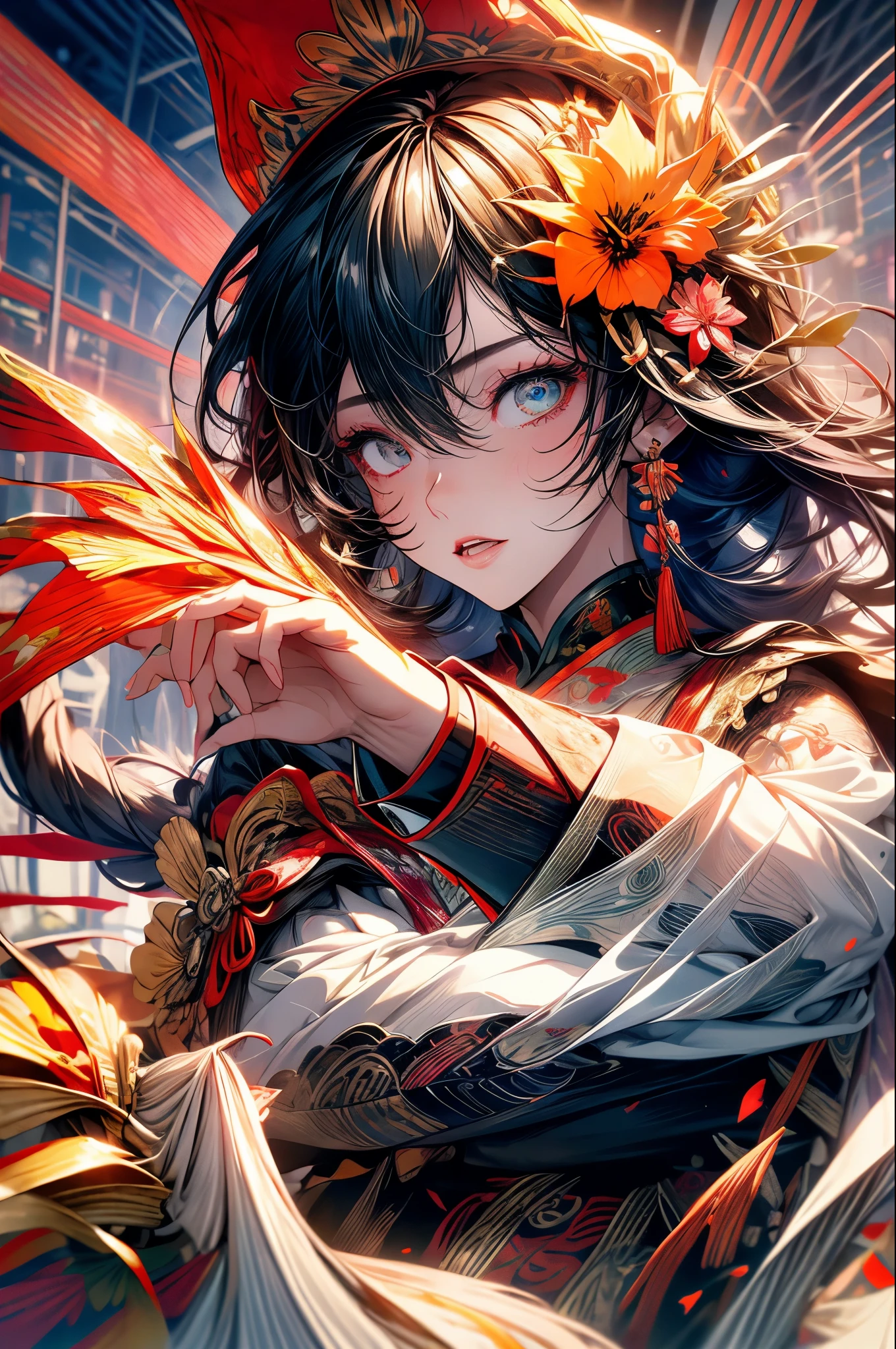 Long flowing black hair,Ponds, zydink, Farbe, Xuzhou ethnic group, 1 girl, Red scarf in the desert, battle pose, Looking at the ground, Long white hair, Floating hair, Koi print headdress, Chinese Long Sleeve Silver Cheongsam, Abstract gouache splash, Pink petals backgroung, Flying tulips, realisticlying, black colored hair, Falling leaves flutter, The background is pure, hight resolution, detaileds, RAW, photography, Sharp Re, Nikon D850 Film, Stock photo of Jeffries Lee 4, Kodak Portra 400 Camera, F1.6 shots, Rich colors, Ultra-realistic vivid textures, Dramatic Lighting, Unreal Engine, Art Station Trends, Synestil 800, Long flowing black hair,