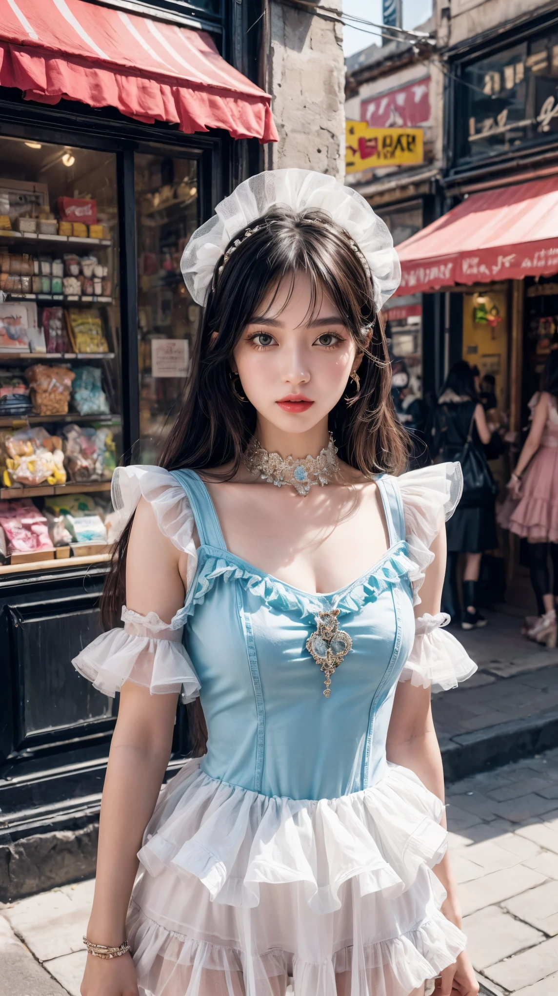1GIRL, beautiful girl, beautiful face, sassy theme style, fantasy, fine details, (best quality), (intricate details), cute style, chic style, colorful, cute candy full city background, put it in front of the candy shop, ((long healthy black hair)), best quality, ((beautiful off-white frill high-low tulle dress with a blue bodysuit, made a stunning impression on, fantasy woman)), (beautiful style)), beautiful face, funny, cute face, pinup, perfect face, cute candy shop background portrait (masterpiece : 1.2, top quality), (original image, intricate details), (1 woman, solo, upper body, chest) Clothing: sharp, stylish, cool, fashionable, non-standard, avant-garde, experimental Appearance: hair popular women or cute colors, natural makeup, unusual fashion choices, idol stars Behavior: cool, non-conformist, stylish Place: city full of sweets, Underground Music World Hobbies: wants to decorate the world with candy and colors colorful, creating art in mixed media, experimenting with subcultures Different values: individuality , authenticity, creative expression Sources of inspiration: beautiful and cute, counterculture icons, avant-garde art movements Character traits: bold, online, non-standard . Top image, middle image, front look