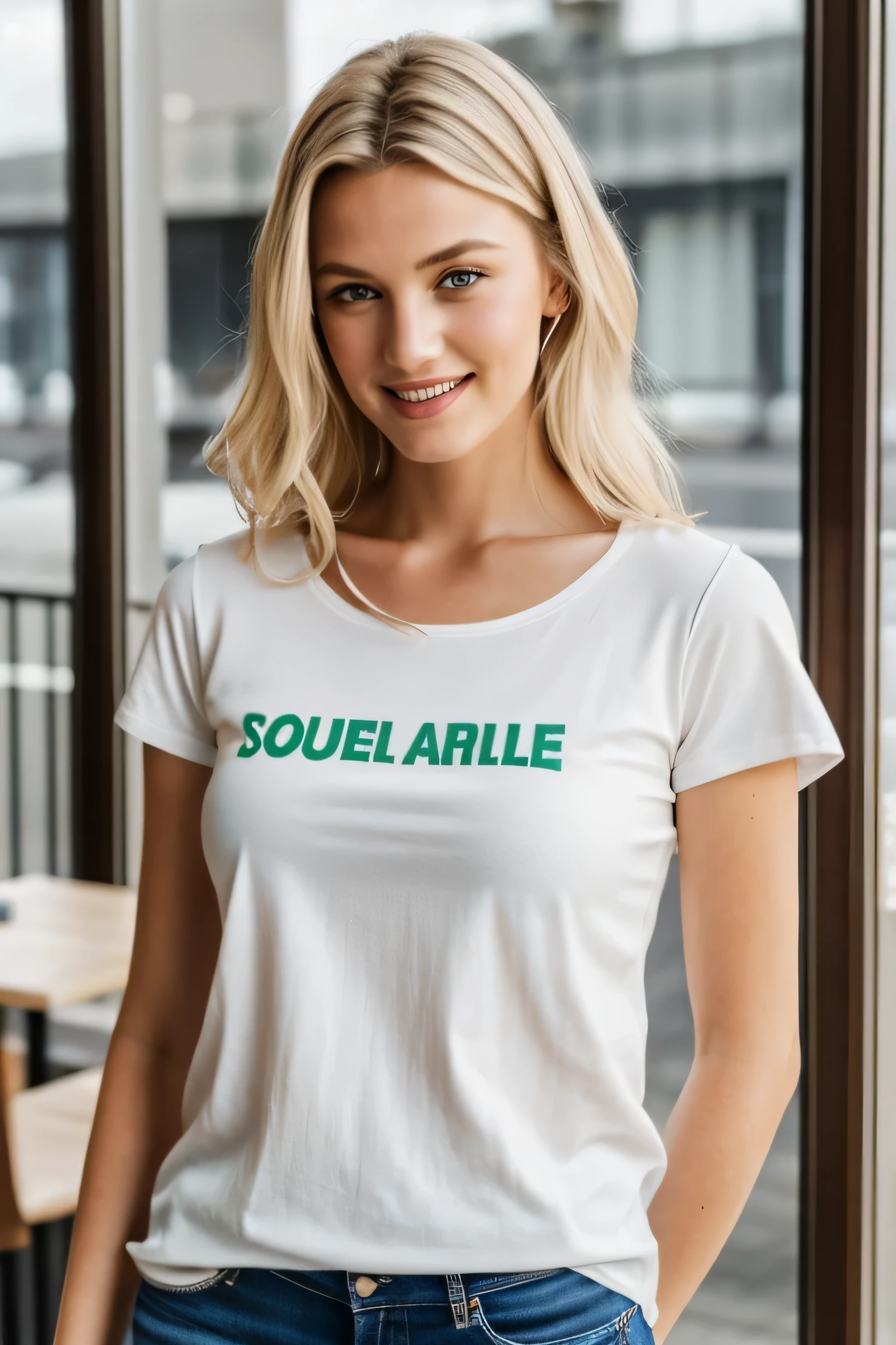 1 fille dans, 19 ans, seulement, De longs cheveux ondulés, , long messy windy cheveux blond, ne pas regarder la caméra, Cela fait, cheveux blond, bijoux, tout le corps, (fond d'écran 8K extrêmement détaillé), Éclairage doux, haute qualité, grain de film, Mise au point nette du Fujifilm XT3, F5.6, 50mm, détail élevé, Netteté, (Lumière naturelle), (séduisant), révélateur, réaliste, sexy, t-shirt rouge moulant, Réseaux cachés, au restaurant, souriante