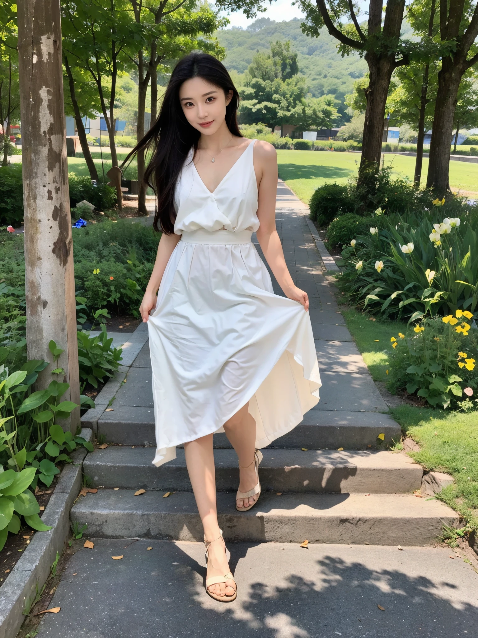 ,masterpiece, best quality,8k, ultra high definition,Real light and shadow,lens,(beautiful eyes:1.1), ((The medium scene is,upper part of body)),dynamic poses,On a green meadow,The gentle goddess walks with gentle steps。She wore a white dress,A gentle breeze blew by,The skirt dances gently。The sun shines through the leaves on her hair,Reflecting her clear eyes and gentle smile。Colorful butterflies flutter around her,Flowers bloom at her feet,It was as if nature was cheering for her。