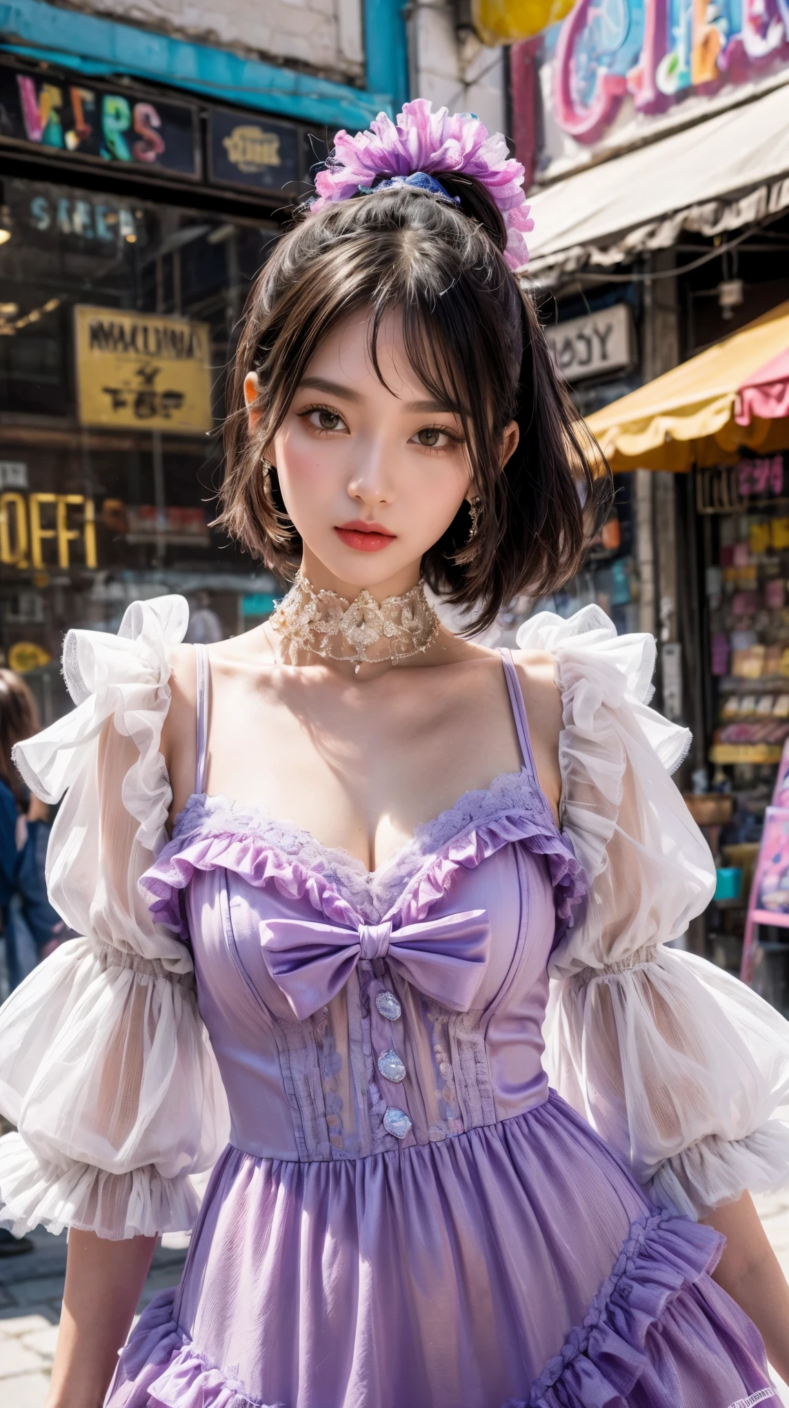 1GIRL, beautiful girl, beautiful face, sassy theme style, fantasy, fine details, (best quality), (intricate details), cute style, chic style, colorful, cute candy full city background, put it in front of the candy shop, ((long healthy black hair)), best quality, ((beautiful off-white frill high-low tulle dress with a lavender bodysuit, made a stunning impression on, fantasy woman)), (beautiful style)), beautiful face, funny, cute face, pinup, perfect face, cute candy shop background portrait (masterpiece : 1.2, top quality), (original image, intricate details), (1 woman, solo, upper body,  chest) Clothing: sharp, stylish, cool, fashionable, non-standard, avant-garde, experimental Appearance: hair popular women or cute colors, natural makeup, unusual fashion choices, idol stars Behavior: cool, non-conformist, stylish Place: city full of sweets, Underground Music World Hobbies: wants to decorate the world with candy and colors colorful, creating art in mixed media, experimenting with subcultures Different values: individuality , authenticity, creative expression Sources of inspiration: beautiful and cute, counterculture icons, avant-garde art movements Character traits: bold, online, non-standard . Top image, middle image, front look