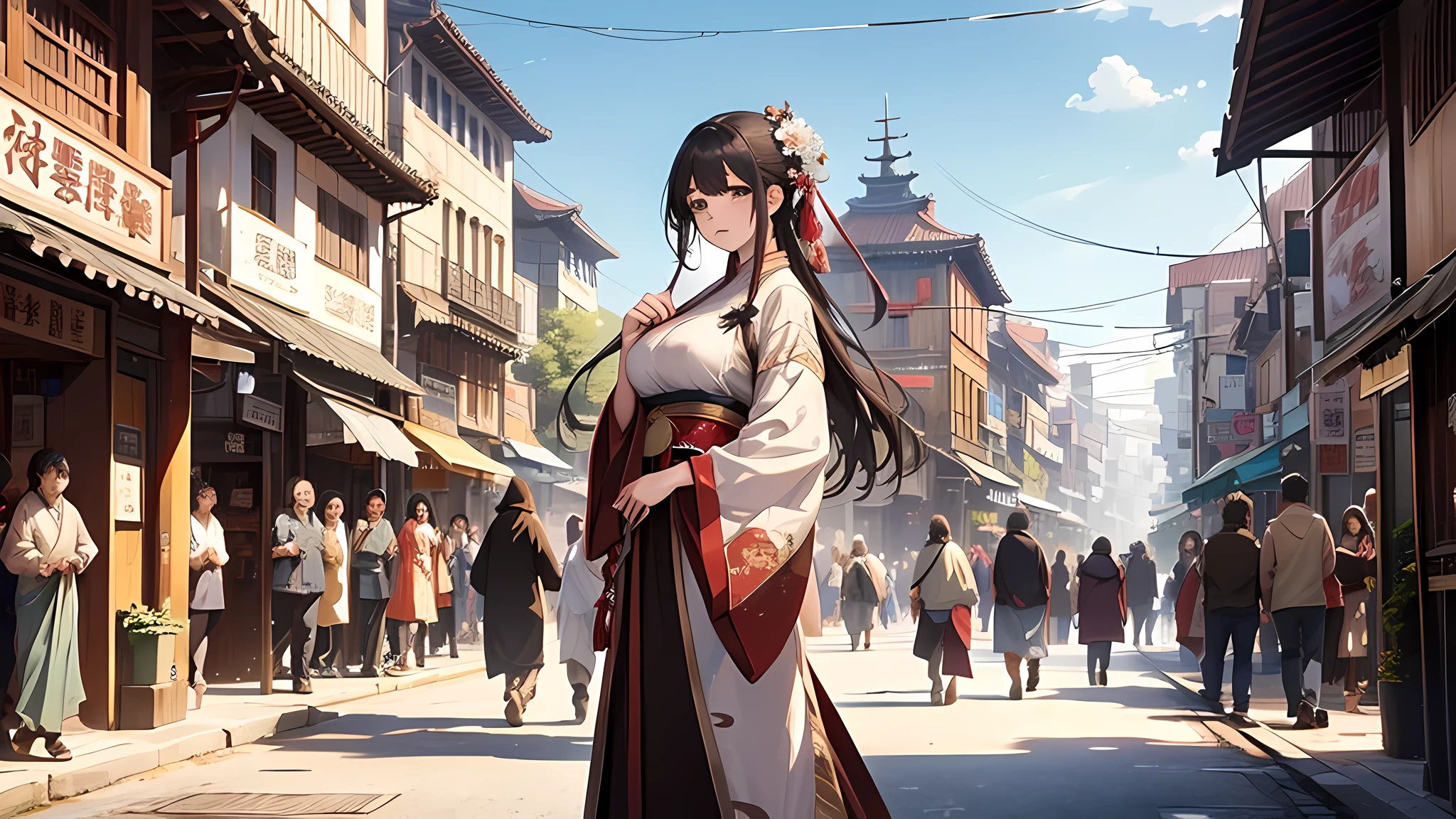many people, A crowded bazaar,Bustling streets,Ancient wind,Old town,Pedestrians are all dressed in Hanfu,Illustration style,anime big breast,4K,high qulity,A high resolution