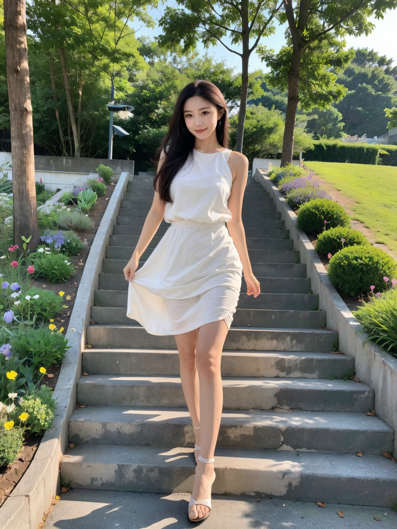 ，masterpiece, best quality，8k, ultra high definition，Real light and shadow，lens，(beautiful eyes:1.1)， ((The medium scene is，upper part of body))，dynamic poses，On a green meadow，The gentle goddess walks with gentle steps。She wore a white dress，A gentle breeze blew by，The skirt dances gently。The sun shines through the leaves on her hair，Reflecting her clear eyes and gentle smile。Colorful butterflies flutter around her，Flowers bloom at her feet，It was as if nature was cheering for her。