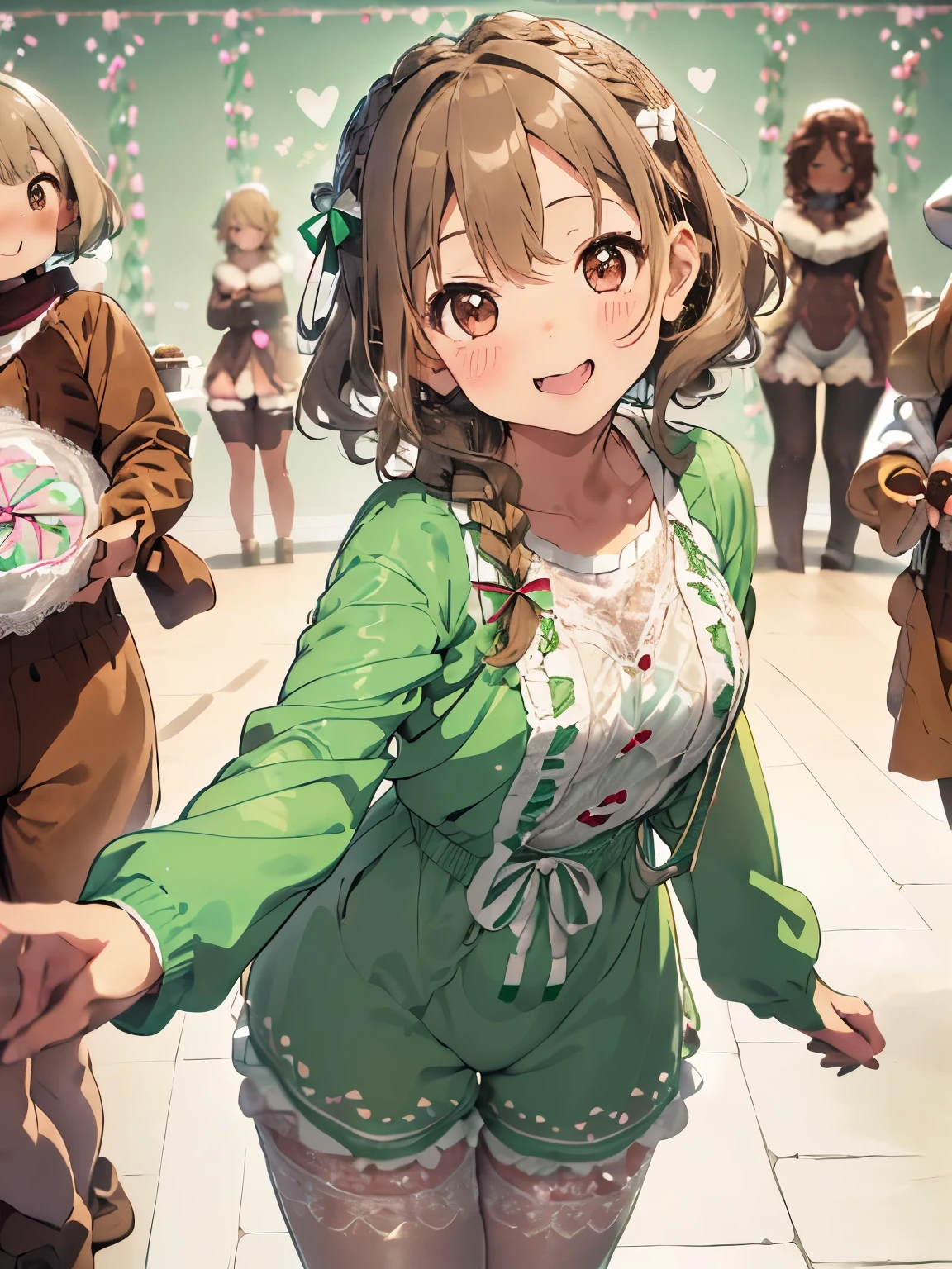 (light brown hair:1.2),(short hair with curls:1.3),(braided hair:1.45),(big ribbon:1.3),(Mint green and chocolate coated clothes:1.4),(long sleeve winter clothes:1.5),((Innerwear with lots of white lace:1.3)),((valley:1.3)),((tits)),,(eye size:1.5),((heart-shaped chocolate accessories:1.3)),((lovely design:1.4)),(lovely and fancy background:1.5),(Slightly blush),((focus on face:1.6)),break//((The overall atmosphere is like a lovely chocolate world.)),((Lively candy soldiers:1.5)),((Cute shy laugh:1.2)),((Active and cute pose:1.4)),((Angle from the front:1.3))