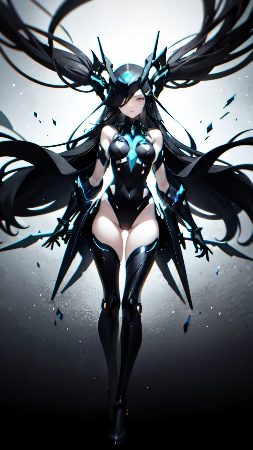An expression of spectrepunk, fullbody claydoll-like black fairy girl machine Helmet with one eye neon long figures with dynamic emptiness pose in full body shot, wearing fractal ghotic dressed crafted from futuristic procelain and wearing futuristic shapes metalic, she is in broken love posing, play her heart love shapes the high sky on the black and white floor. For the images, apply more fractal vibrant effects, characterized by intense and vivid visual elements, add abstract fractal square on backgrounds, contrasting colors, and distorted shapes. Also, make the dreadlocks hair more vibrants. Make the figure more dynamic.