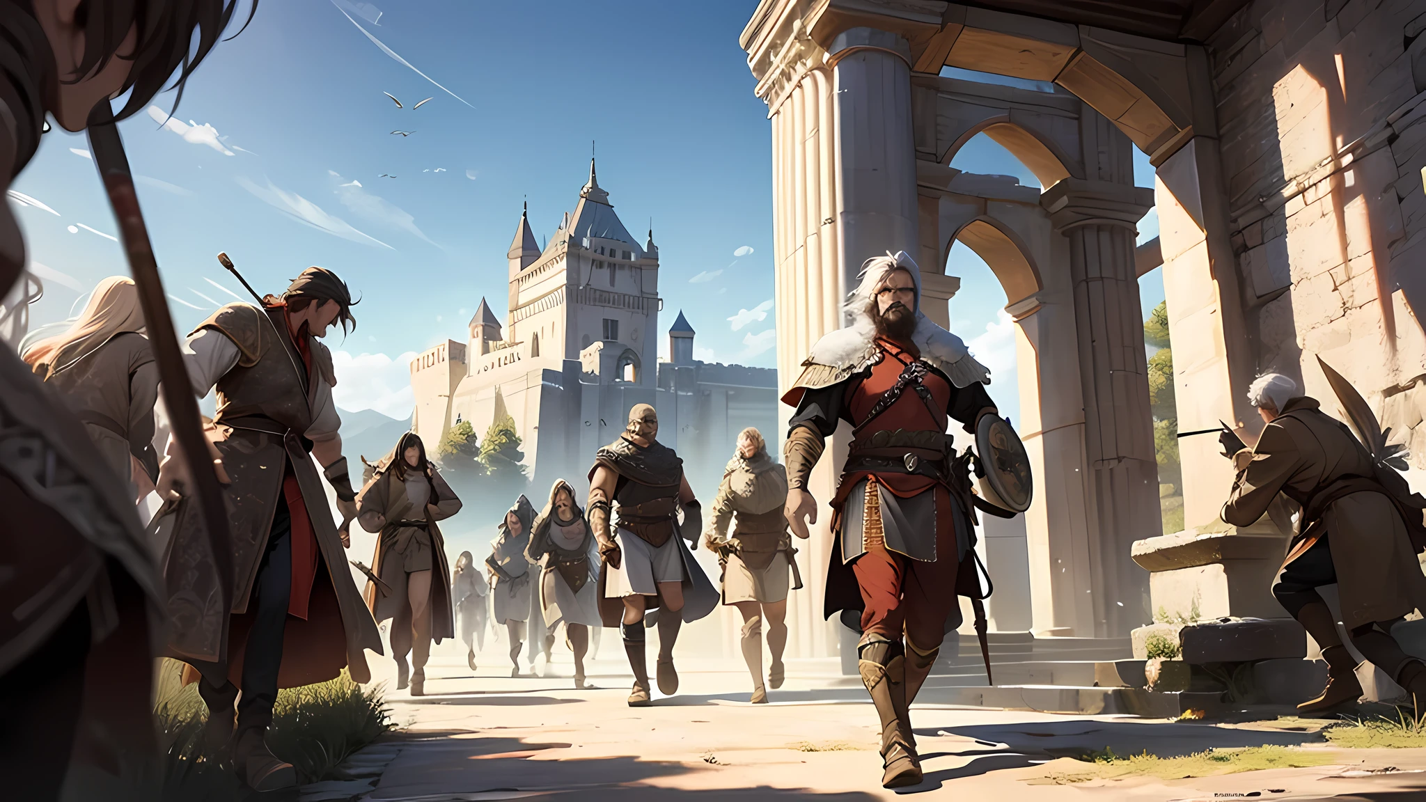 warrior man, A realistic drawing of a photo of an ancient castle with Warriors and many people walking.