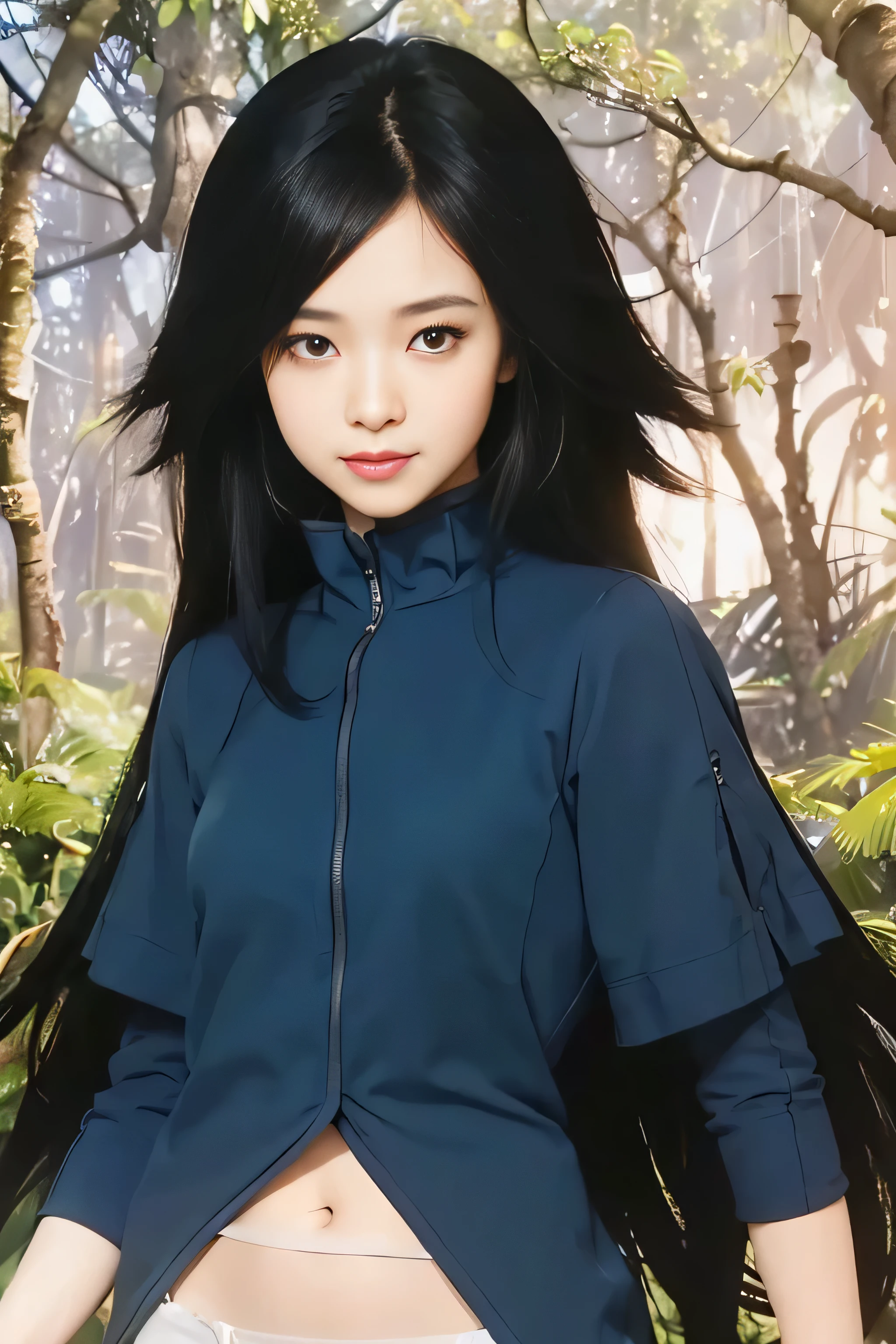 masterpiece, best quality, (realistic,photo-realistic:1.4), (RAW photo:1.2), extremely detailed CG unity 8k wallpaper, delicate and beautiful, amazing,finely detail, official art, absurdres, incredibly absurdres, huge filesize, ultra-detailed,extremely detailed eyes and face,light on face,(little smile),black eyes,(black hair:1.4),very long hair hair,(wearing deep blue clothes:1.4),(jungle background:1.4)