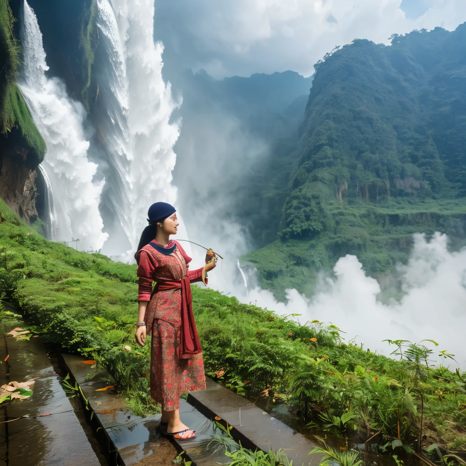 sepasang suami istri 30 tahun asal indonesia sedang bermain air, background air terjun, sore hari, wajah tampak depan, baju terlihat basah