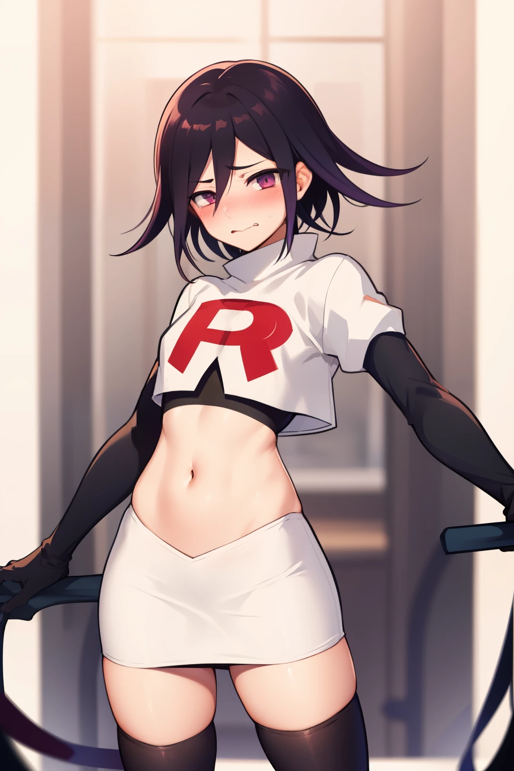 absurdres, cowboy shot, solo, male focus, trap, 1boy, crossdressing,1boy, oma kokichi, team rocket,team rocket uniform,white skirt,red letter R,crop top,black thigh-highs,black elbow gloves, embarrassed, blush