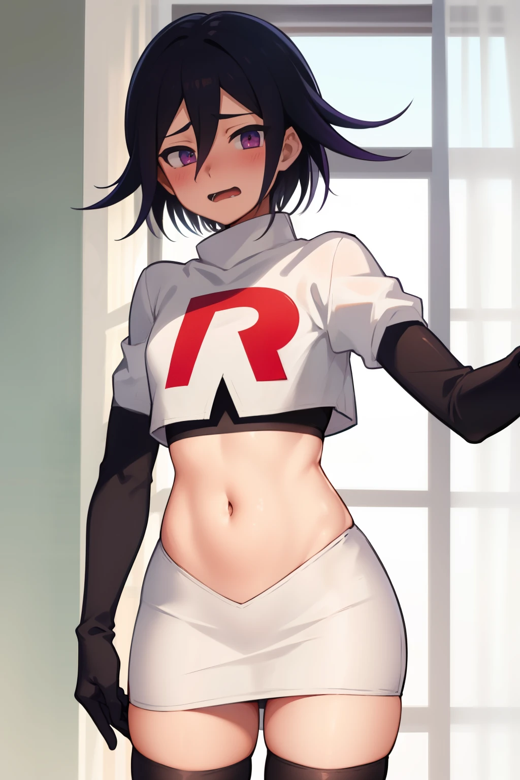 absurdres, cowboy shot, solo, male focus, trap, 1boy, crossdressing,1boy, oma kokichi, team rocket,team rocket uniform,white skirt,red letter R,crop top,black thigh-highs,black elbow gloves, embarrassed, blush