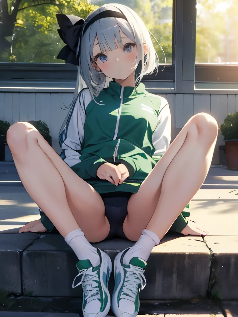 ((,beautiful girl, head)), dawn, sunlight, (perfect body : 1.1), fine hair, beautiful feet, Wearing a track and field uniform, Youmu、