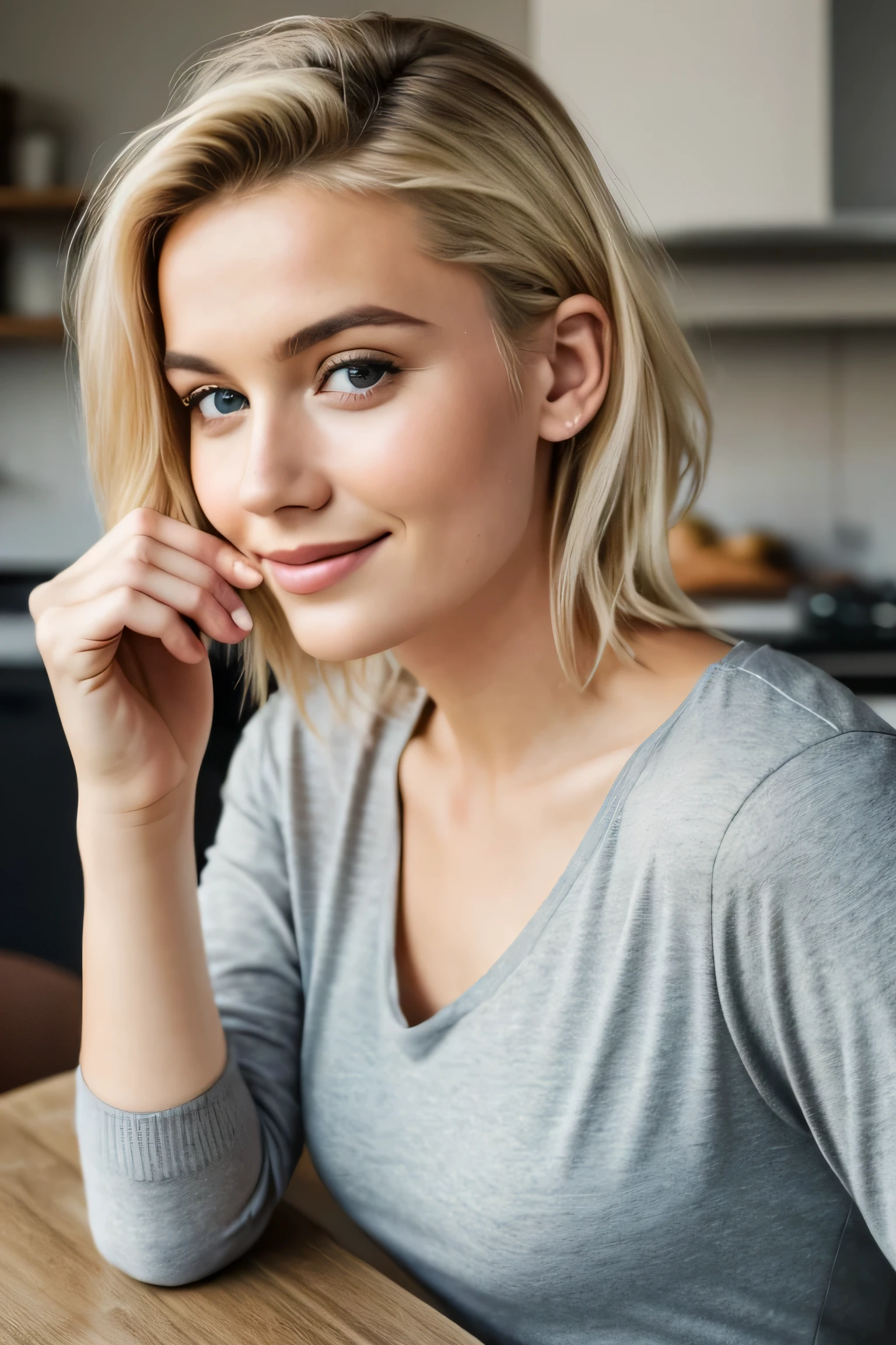 1 fille dans, 19 ans, seulement, De longs cheveux ondulés, , long messy windy cheveux blond, ne pas regarder la caméra, Cela fait, cheveux blond, bijoux, tout le corps, (fond d&#39;écran 8K extrêmement détaillé), Éclairage doux, haute qualité, grain de film, Mise au point nette du Fujifilm XT3, F5.6, 50mm, détail élevé, Netteté, (Lumière naturelle), (séduisant), révélateur, réaliste, sexy, t-shirt rouge vin moulant, Réseaux cachés, boire un café assise à une table, souriante