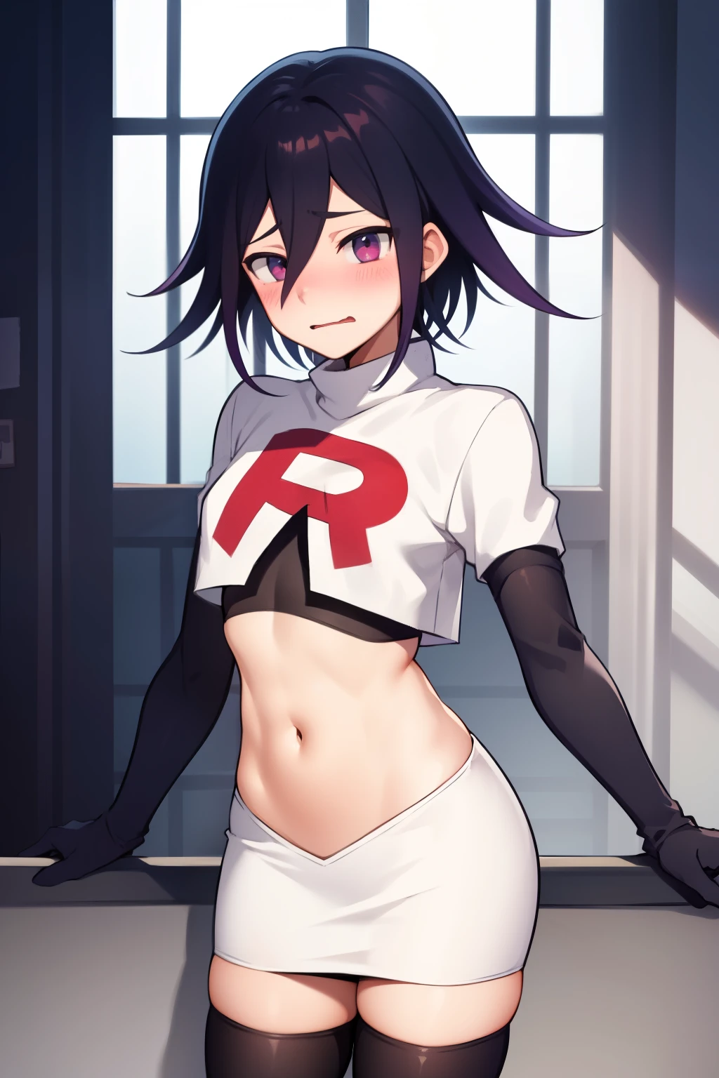 absurdres, cowboy shot, solo, male focus, trap, 1boy, crossdressing,1boy, oma kokichi, team rocket,team rocket uniform,white skirt,red letter R,crop top,black thigh-highs,black elbow gloves, embarrassed, blush