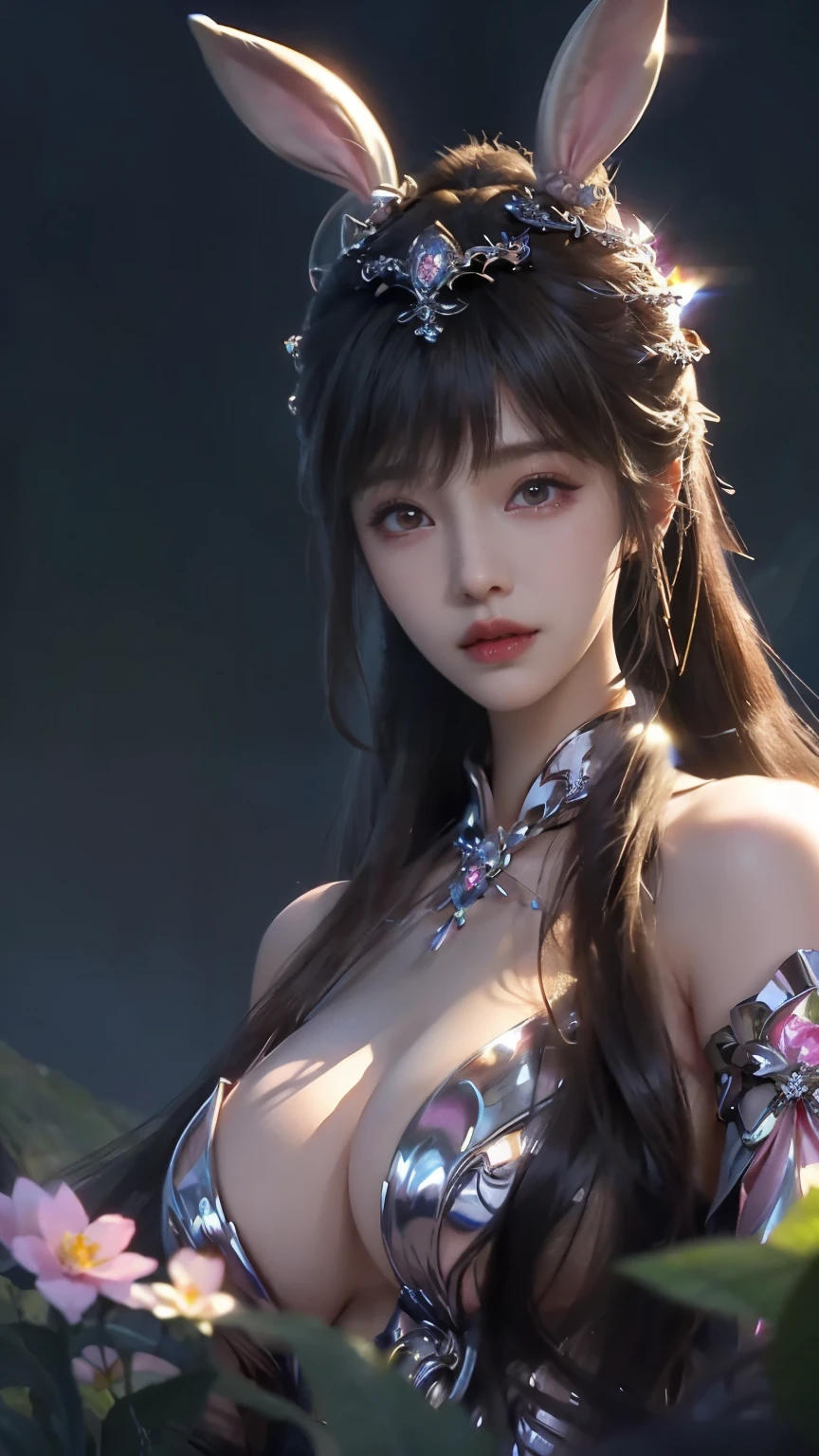 Close-up of a woman with rabbit ears and a sword, Queen of the Sea Mu Yanling, Zodiac Girl Knight Portrait, Lineage 2 style, Smooth anime CG art, Game CG, beautiful fantasy queen, Complex and gorgeous anime CGI style, drank,Smile, Close up view of goddess, anime goddess, dead, Realistic anime girl rendering,huge breasts,Larger breasts,Hollow clothes,transparent clothes,More transparency,amazing breast size,Raised nipples,bareness的乳房,Extensive nudity,More nudity,bareness,Expose more breasts,big ass