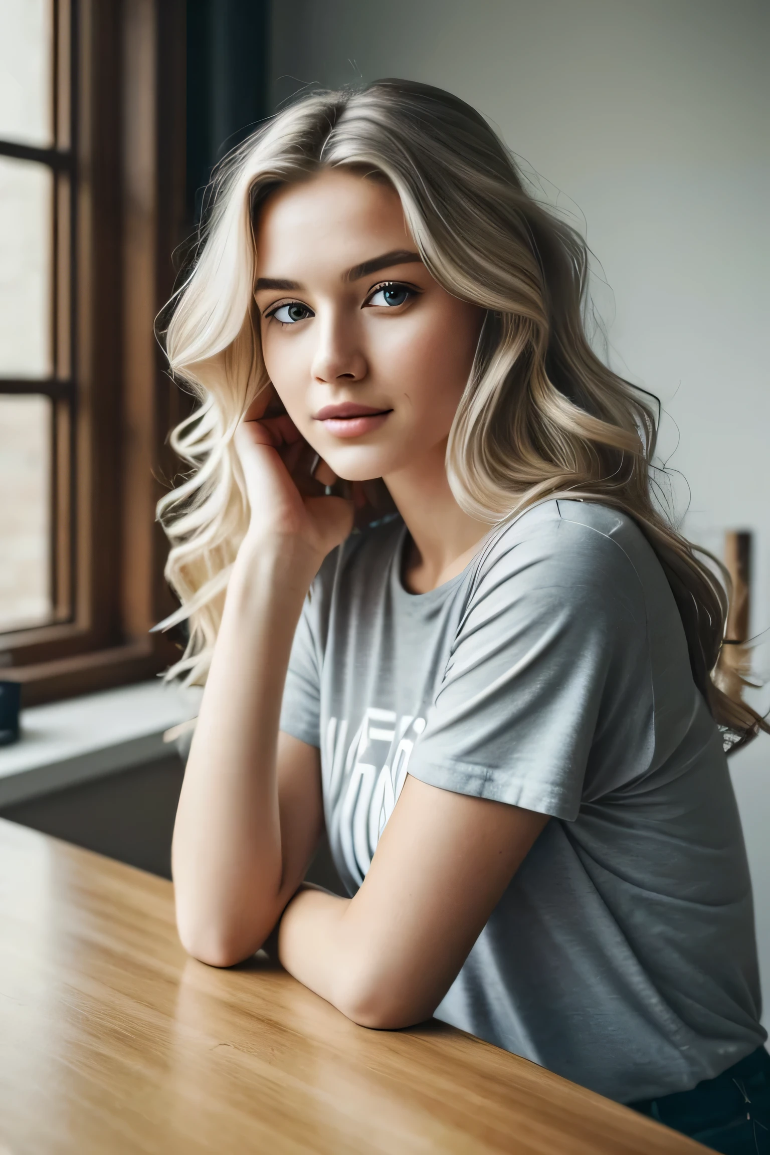 1 fille dans, 19 ans, seulement, De longs cheveux ondulés, , long messy windy cheveux blond, Ne regarde pas la caméra, Cela fait, cheveux blond, bijoux, tout le corps, (fond d'Affichage 8K très détaillé), Éclairage doux, Haute qualité, grain de film, Mise au point nette du Fujifilm XT3, F5.6, 50mm, détail élevé, acuité,(lumière naturelle), (Attractif), révélateur, réaliste, sexy, T-shirt gris moulant, mains cachées, boire du café assis à une table