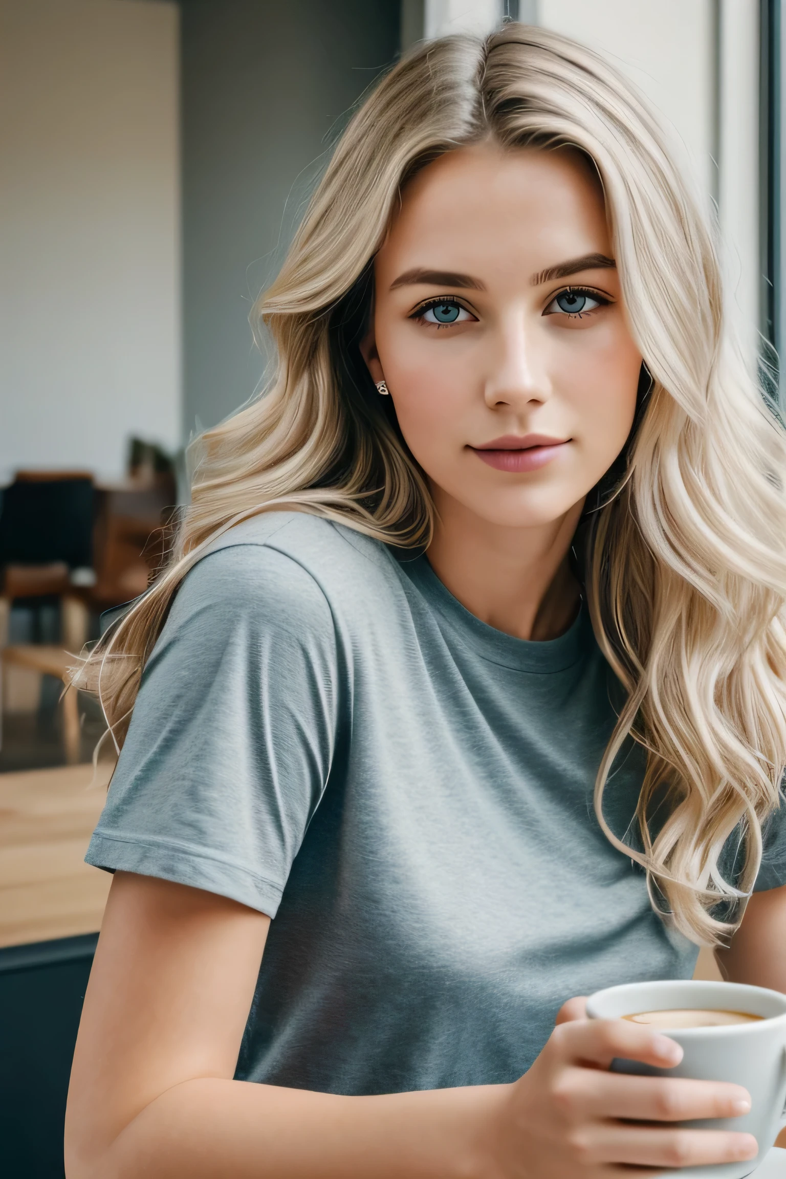 1 fille dans, 19 ans, seulement, De longs cheveux ondulés, , long messy windy cheveux blond, Ne regarde pas la caméra, Cela fait, cheveux blond, bijoux, tout le corps, (fond d&#39;Affichage 8K très détaillé), Éclairage doux, Haute qualité, grain de film, Mise au point nette du Fujifilm XT3, F5.6, 50mm, détail élevé, acuité,(lumière naturelle), (Attractif), révélateur, réaliste, sexy, T-shirt gris moulant, mains cachées, boire du café assis à une table
