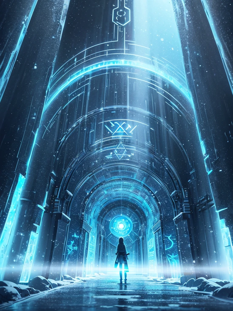 Huge circular tunnel covered in ice, The tunnel is decorated with glowing runes, (A translucent neon door at the very back, The Door of Time and Space), highly detailed digital art, Stunning artwork in 8k, 8K high definition concept art, fantasy art, (wide-angle shot), (highest quality), (masterpiece)), realistic, Fantastic, Mysterious