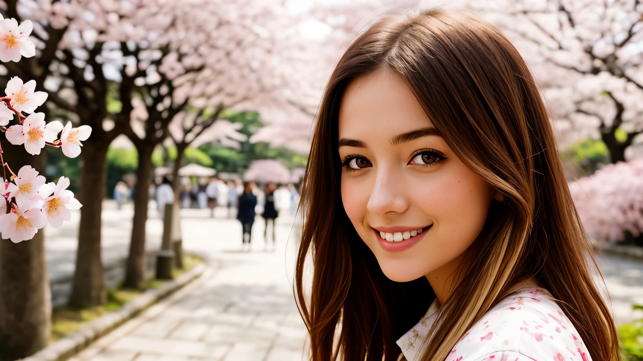 Instagram pictures, a French Girl, Shoulder length hair, with light blonde hair, Close-up photo, Walking in a public garden with cherry blossom, Japan, smiling a little,