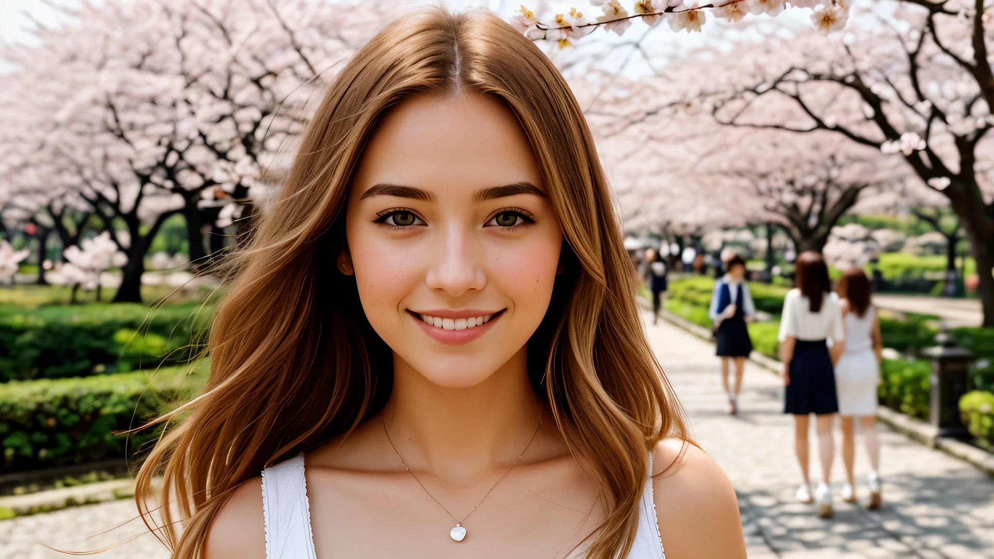 Instagram pictures, a French Girl, Shoulder length hair, with light blonde hair, Close-up photo, Walking in a public garden with cherry blossom, Japan, smiling a little,