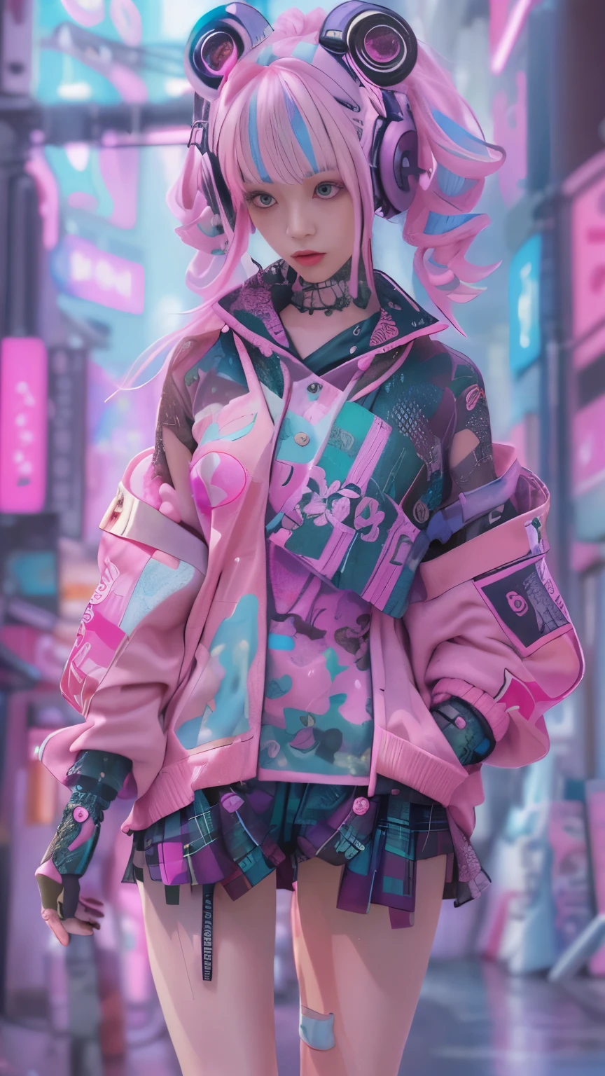 masterpiece, highest quality, Cyberpunk girls,She is wearing cute Harajuku-style clothes in Japan., The pink color stands out,Bold colors and patterns, eye-catching accessories, Trendy and innovative hairstyles, bright makeup, Cyberpunk dazzling cityscape, skyscraper, neon sign, led lights, Bright and vivid color scheme, anime, figure, fine skin texture, fine cloth texture, intricate details, Super detailed,low angle, full body, Distant view(looking away:1.4)