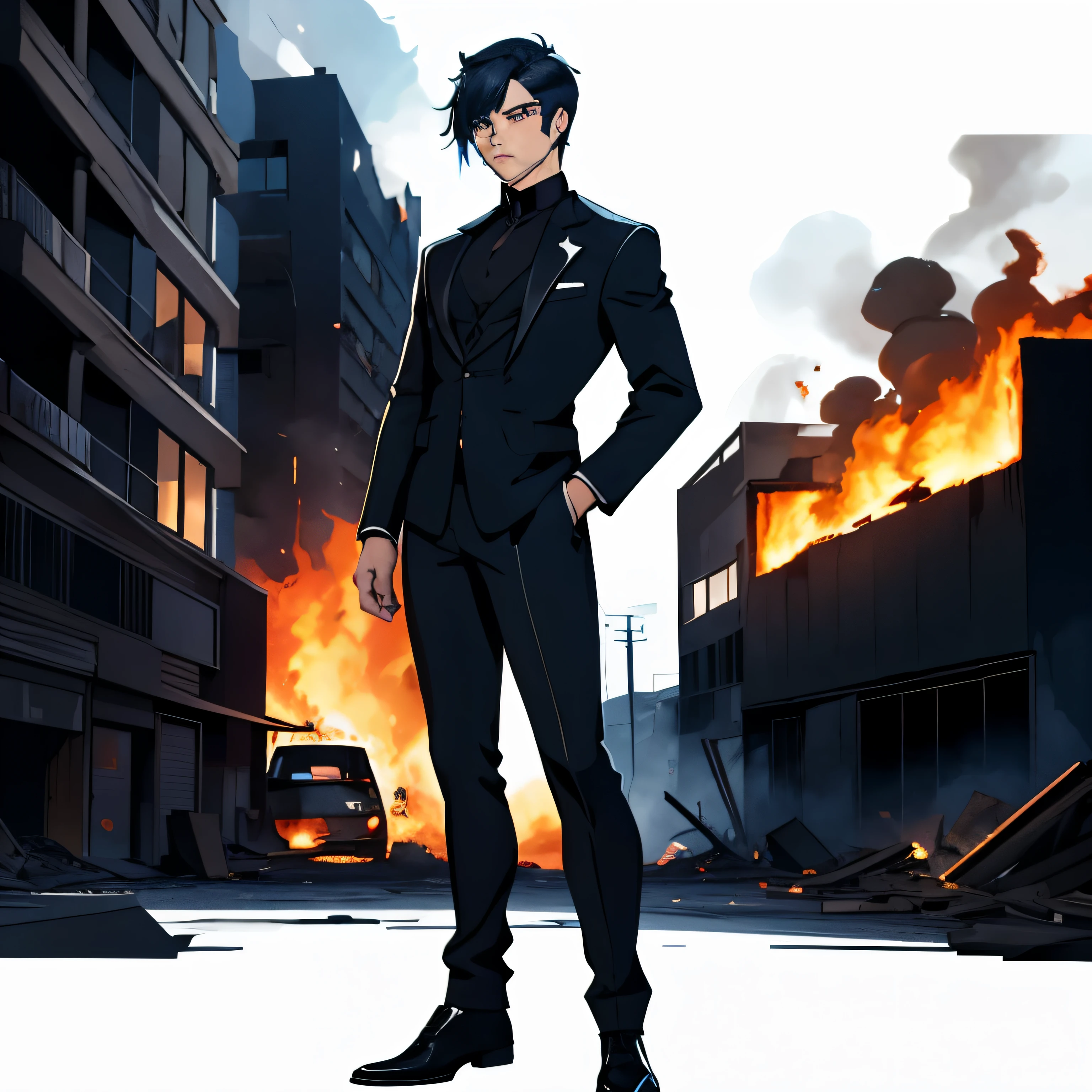A black and blue suit with dark blue hair with black stripes red eyes with black pupils infront of a burning building full body character sheet