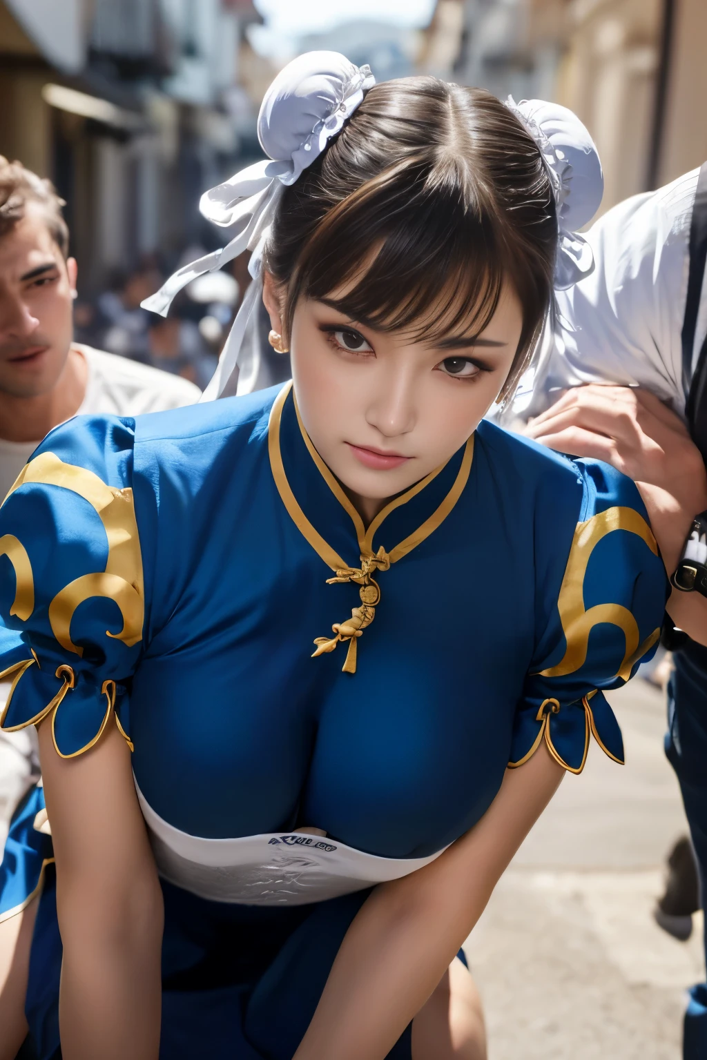 (beautiful, highest quality:1.1), masterpiece, perfect eyes,brown eyes,Anguished face,Face that suffered,panting face、Chun-Li is mounted by a man,Chun-Li is restrained by men、Chun-Li on all fours,Men lick my face,Hugged by a man,licked by men,Chun-Li being assaulted by men, realistic, masterpiece,  (Detailed background around town), standing insanely hot (female 1) ､((thick thief)),(Expression of fear), blushing face, old small man ass groping female 1 from behind,(((old man pressing his chest on female 1 back))) ,brown hair,hold her head,lick her head,Grab her hair,grab her head,Licking her face