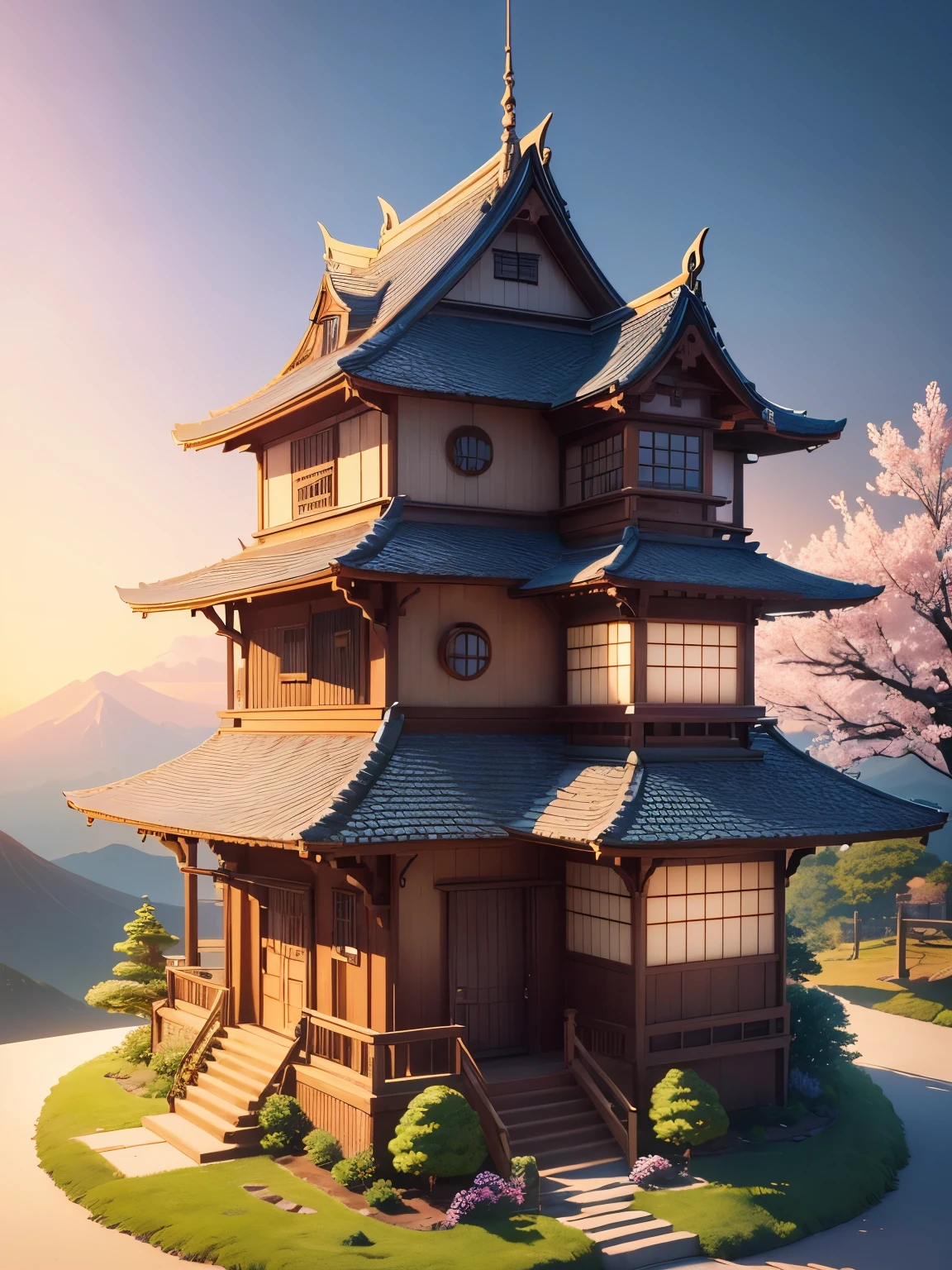 ((masterpiece、very detailed、CG Unity 8k、best quality、very detailed：1.2))、(Top quality: 1.2)、Exterior of the building、Japan style building、(best illustrations)、 (best shadow)、Isometric 3D、octane rendering、ray tracing、Super detailed、fantasy world、A building that looks like something out of a fairy tale、fairy tale、Cartoon、Gorgeous、Cartoon design style、Beautifully detailed digital art, In a Sweet Earth Style House、 Super detailedなレンダリング、fantastic world housing 、 2D game isometric camera view、Mt. Fuji in the background、beautiful sky、cherry blossoms