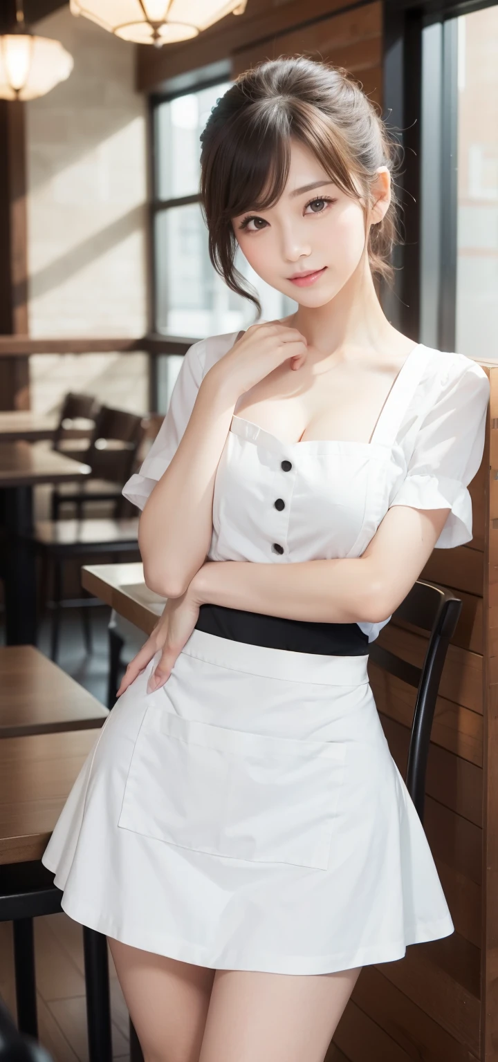 Close your chest with your arms:1.2、forward leaning posture、Touching the feet、table top, highest quality, super detailed, finely, High resolution, 8k wallpaper, perfect dynamic composition, (white shirt、apron、high waist skirt:1.2)、waitress、Make both ears look beautiful、Makes your collarbone look beautiful。、short hair、natural color lip, pose of temptation,smile,coffee shop、28 year old female、cute、looking at camera、attractive、beautiful breasts、well-shaped chest, beautiful butt, and a thin waist、smaller butt、small ass、pose of temptation、Emphasis on slender、beautiful feet、Touching your own thighs、Seduce with beautiful legs、いたずらなsmile、Turn your butt towards us:1.3