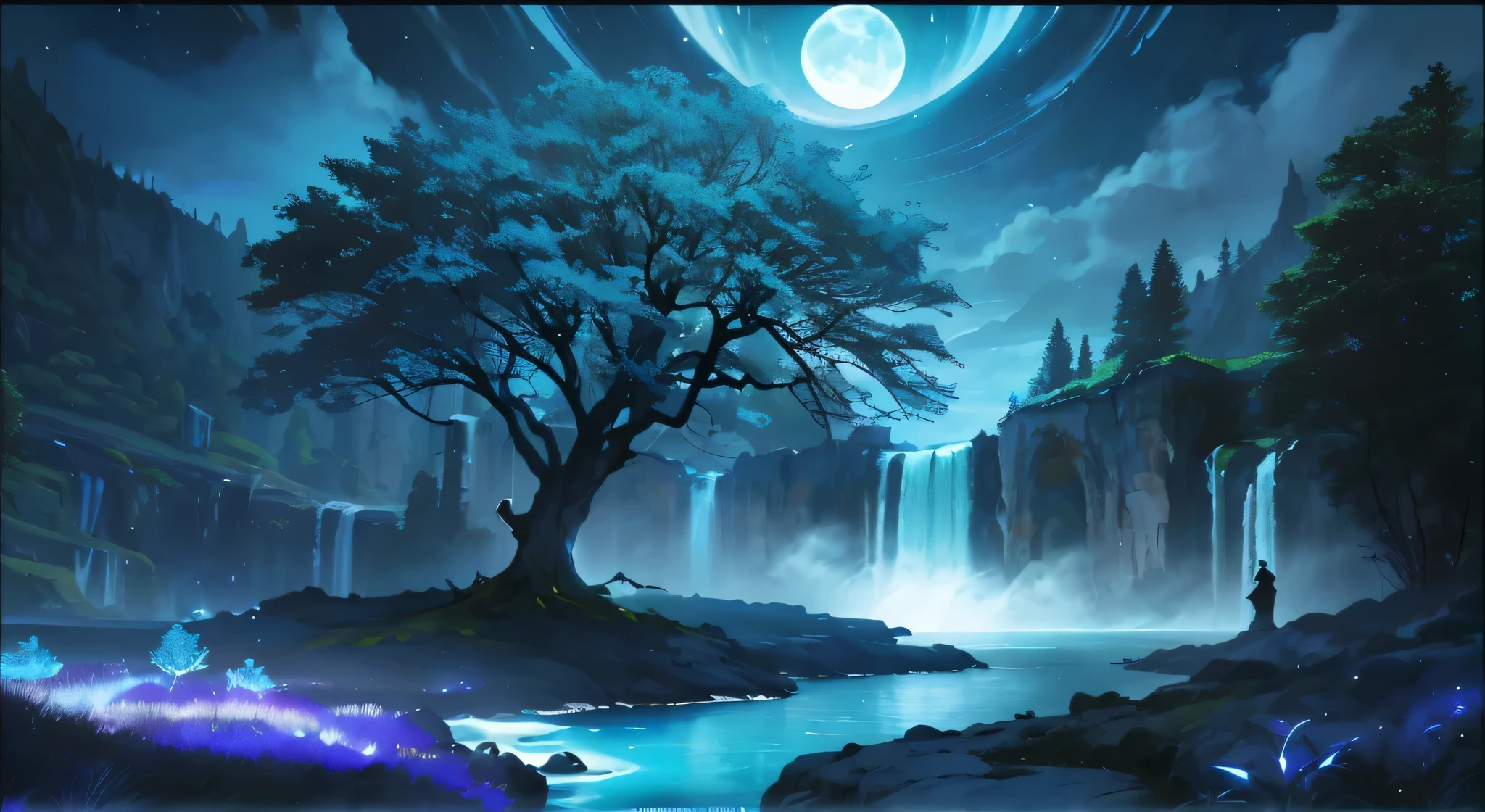 peinture d'une cascade avec un arbre et un homme debout dans l'Eau, Paysage artistique fantastique, inspiré par Andreas Rocha, Peinture fantastique HD, Peinture de paysage fantastique, fond d'écran fantastique de science-fiction, Des œuvres d'art époustouflantes en 8K, style andréas rocha, Peinture numérique fantastique, paysage naturel nocturne, fond d'écran d'art conceptuel 4K, magnifique art conceptuel, oeuvre de paysage