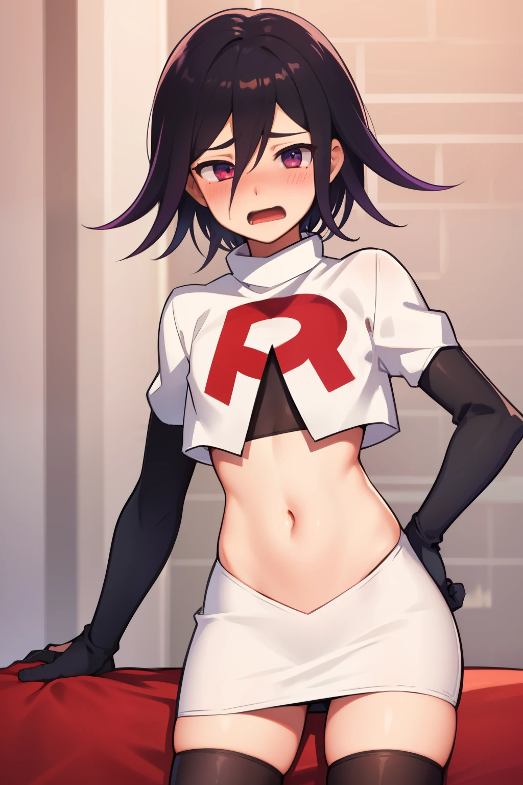 absurdres, cowboy shot, solo, male focus, trap, 1boy, crossdressing,1boy, oma kokichi, team rocket,team rocket uniform,white skirt,red letter R,crop top,black thigh-highs,black elbow gloves, embarrassed, blush