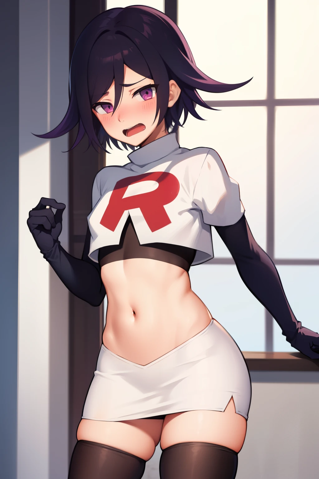 absurdres, cowboy shot, solo, male focus, trap, 1boy, crossdressing,1boy, oma kokichi, team rocket,team rocket uniform,white skirt,red letter R,crop top,black thigh-highs,black elbow gloves, embarrassed, blush