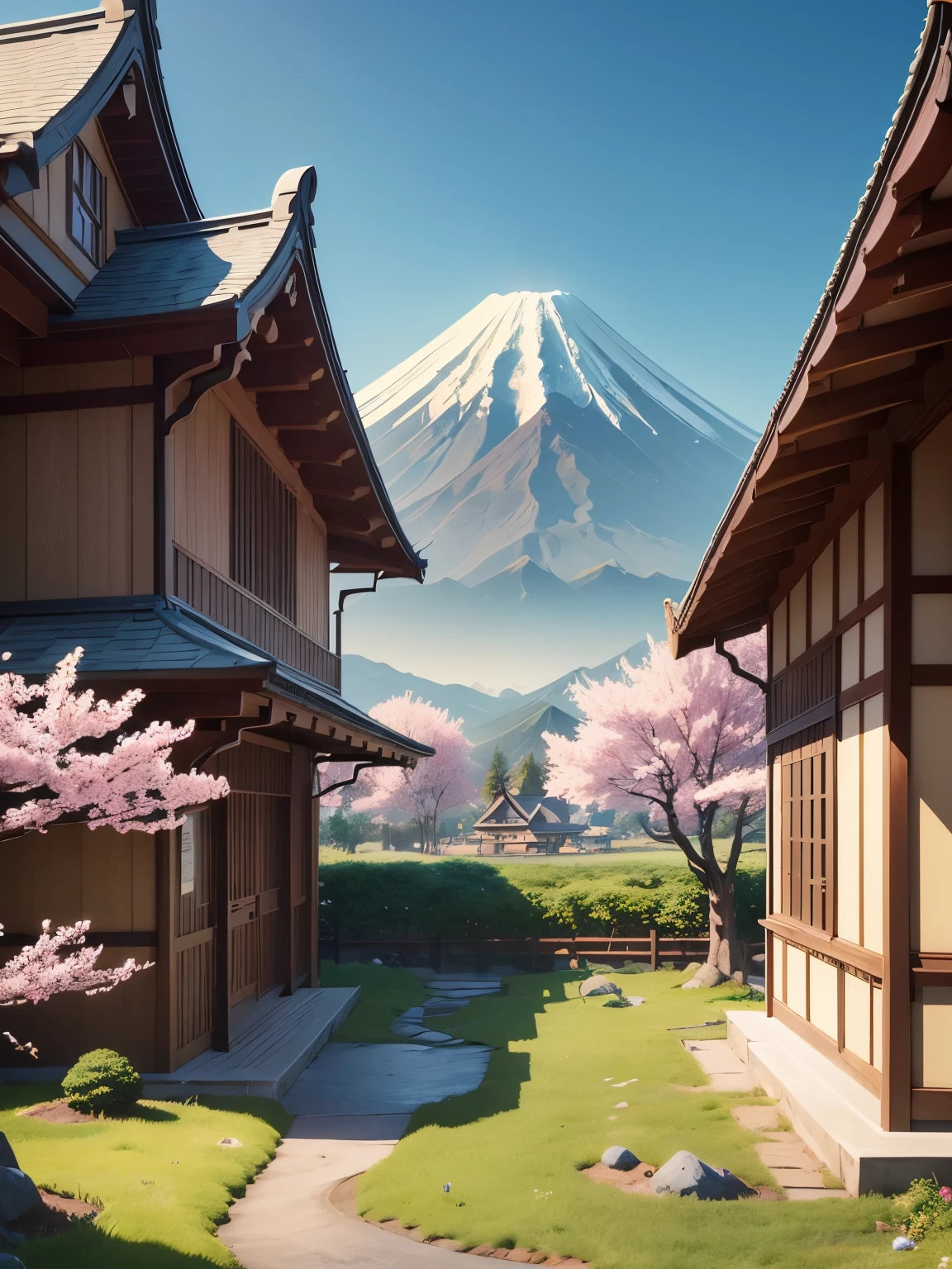 ((masterpiece、very detailed、CG Unity 8k、best quality、very detailed：1.2))、(Top quality: 1.2)、Exterior of the building、Japan style building、(best illustrations)、 (best shadow)、Isometric 3D、octane rendering、ray tracing、Super detailed、fantasy world、A building that looks like something out of a fairy tale、fairy tale、Cartoon、Gorgeous、Cartoon design style、Beautifully detailed digital art, In a Sweet Earth Style House、 Super detailedなレンダリング、fantastic world housing 、 2D game isometric camera view、Mt. Fuji in the background、beautiful sky、cherry blossoms