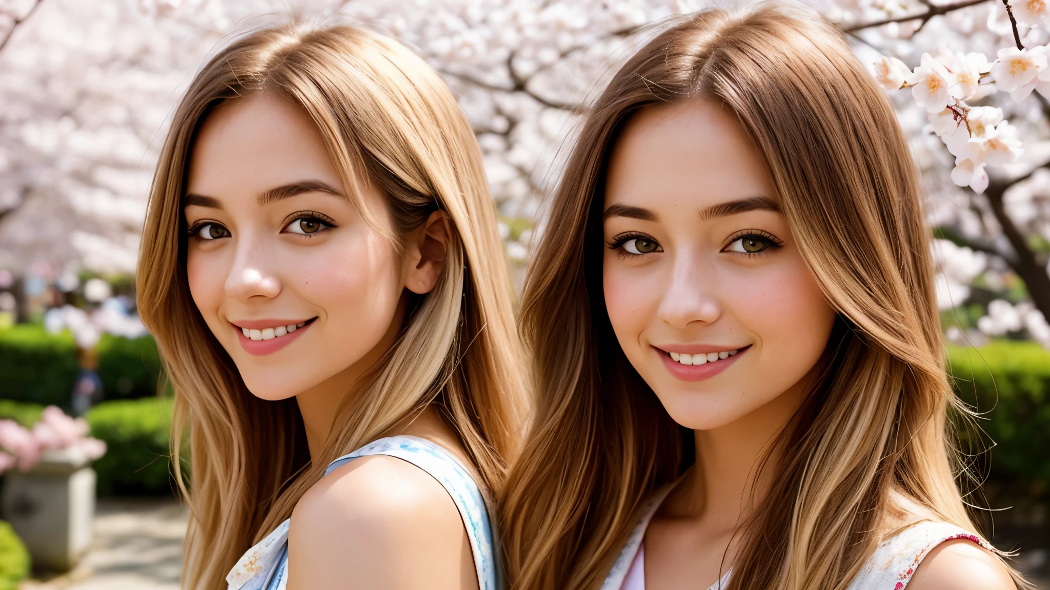 Instagram pictures, a French Girl, Shoulder length hair, with light blonde hair, Close-up photo, Walking in a public garden with cherry blossom, Japan, smiling a little,