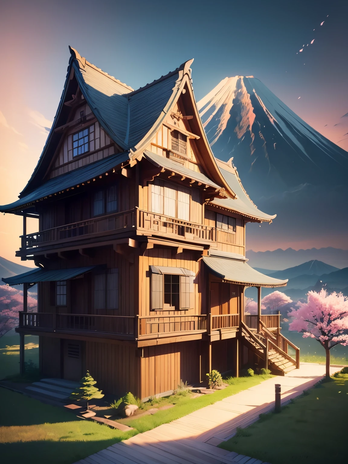 ((masterpiece、very detailed、CG Unity 8k、best quality、very detailed：1.2))、(Top quality: 1.2)、Exterior of the building、Japan style building、(best illustrations)、 (best shadow)、Isometric 3D、octane rendering、ray tracing、Super detailed、fantasy world、A building that looks like something out of a fairy tale、fairy tale、Cartoon、Gorgeous、Cartoon design style、Beautifully detailed digital art, In a Sweet Earth Style House、 Super detailedなレンダリング、fantastic world housing 、 2D game isometric camera view、Mt. Fuji in the background、beautiful sky、cherry blossoms