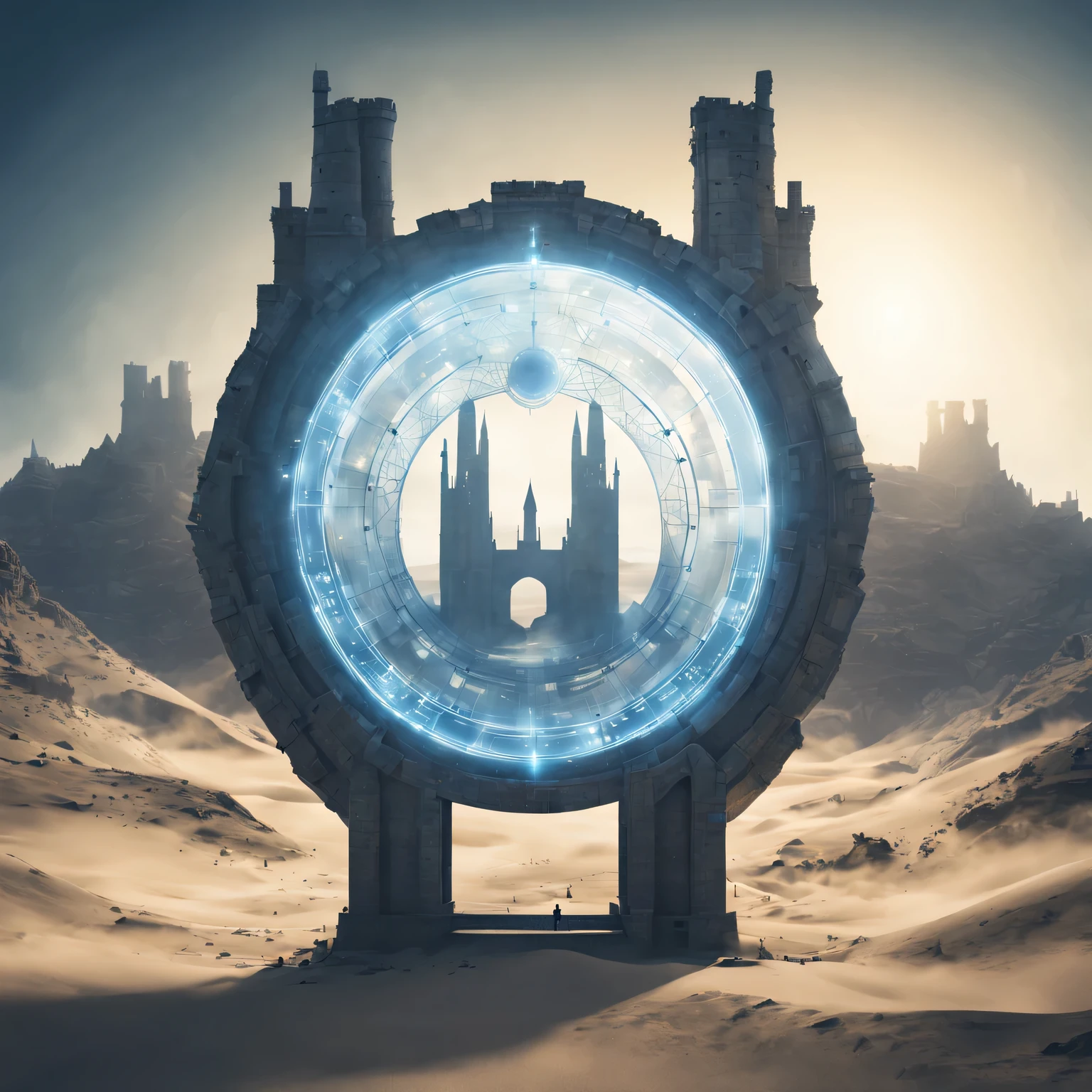 Realistic double exposure photography., we combine the silhouette of an ancient medieval fortress in a sandy haze and a high-tech portal in the form of a star gate, A high-tech portal in the form of a stargate stands in the laboratory and is connected to a high-tech device by various cables and tubes, There is blue pulsating energy inside the high-tech portal in the form of a stargate, in which the silhouette of an ancient medieval fortress in a sandy haze with its details is visible, smoothly fits inside the stargate, Sharp Focus, great depth of field, hyperrealistic, extremely detailed, ray tracing, Cinematic, HDR, photorealistic (double exposure: 1.3)