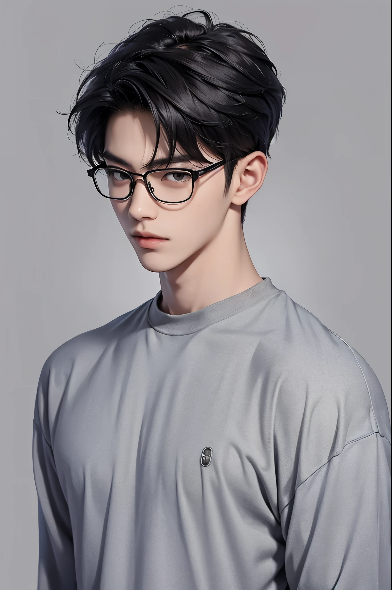 masterpiece, 16k, detailed, korean guy, wearing glasses, reserved, casual clothes, sassy, smart, very handsome, nice hair, grey background, no skin showing, slim